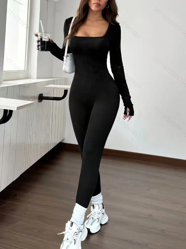Women's Long-Sleeved Square Neck Thumbhole Knit Jumpsuit - Janes - by Peralane