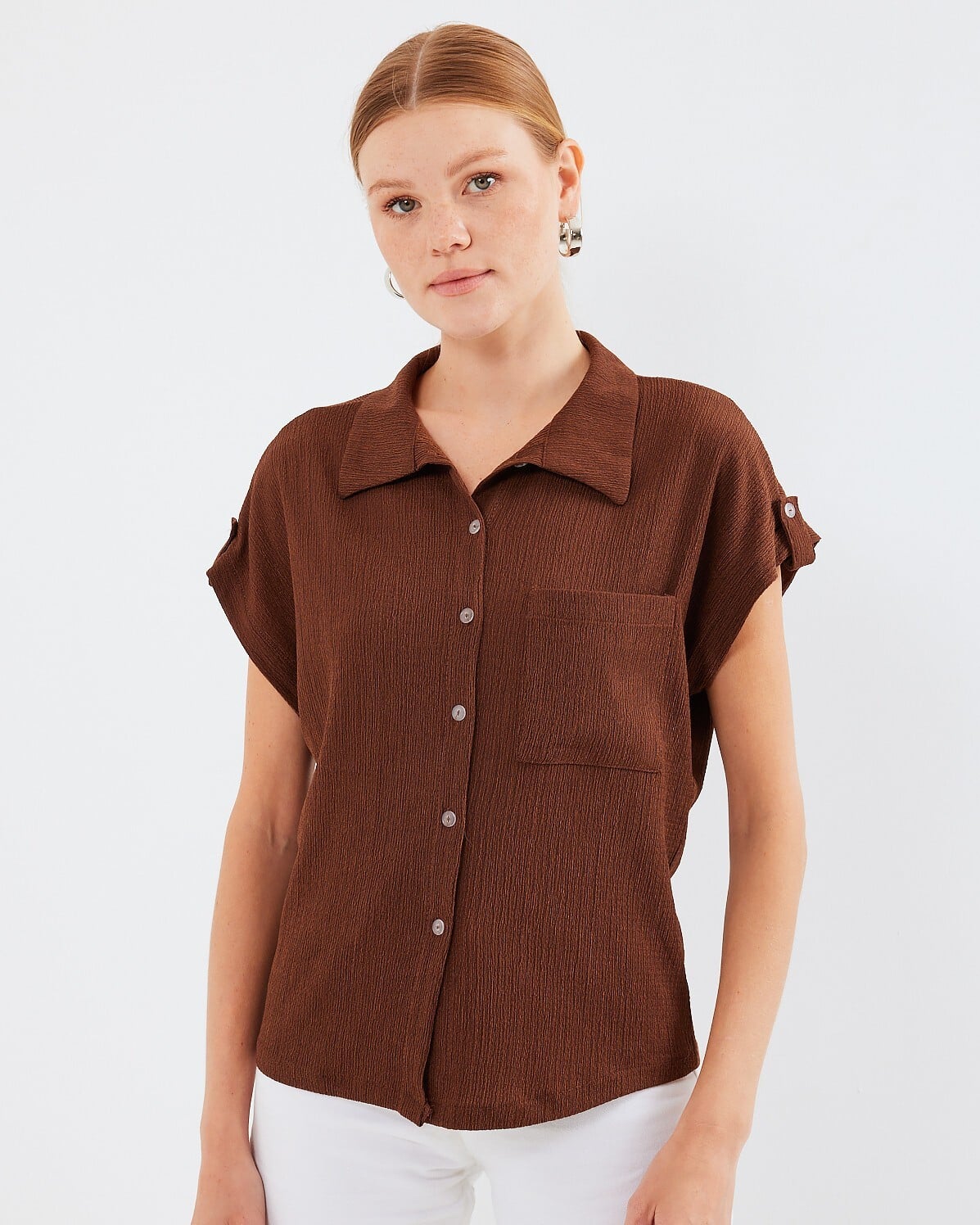 Cuffed Double Short-Sleeve Blouse - Brown - Bigdart - by Peralane