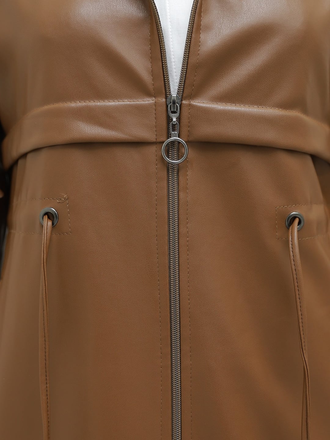 Tunnel Lace Hooded Zipper Faux Leather Trench Coat - Tan - Podyumplus - by Peralane - photo 5