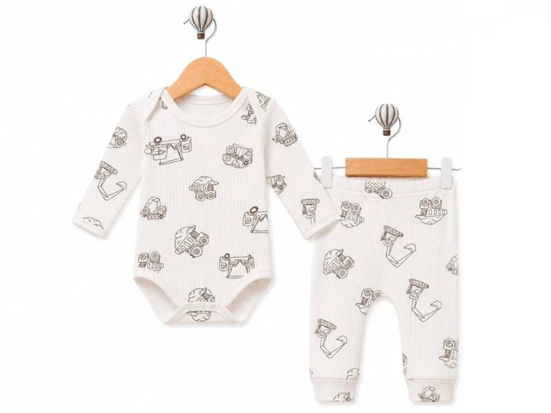 Boys' Construction Vehicle Patterned Baby Bodysuit and Pants Set - Supermini - by Peralane