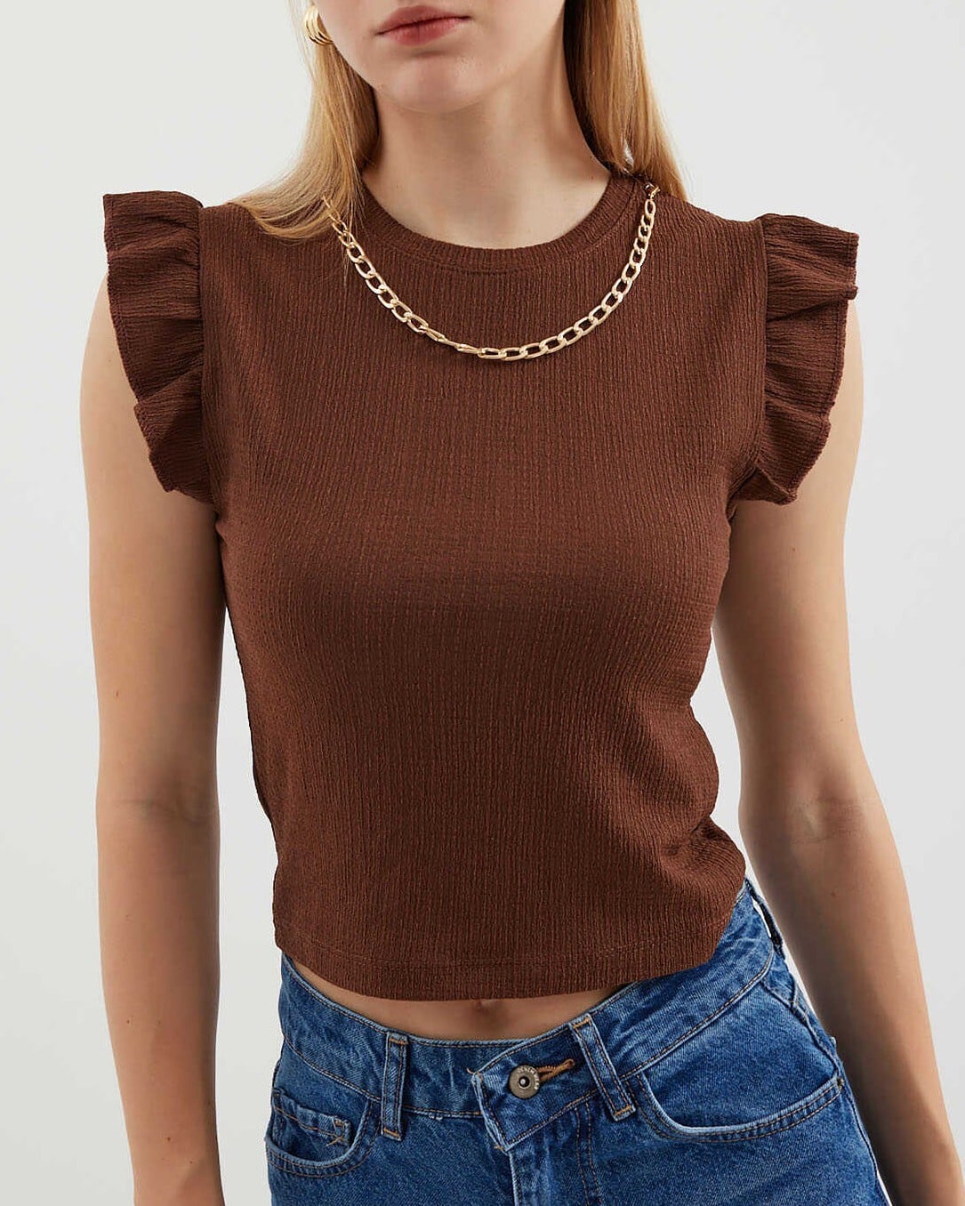 Brown Ribbed Knit Blouse with Ruffled Cap Sleeves - Bigdart - by Peralane