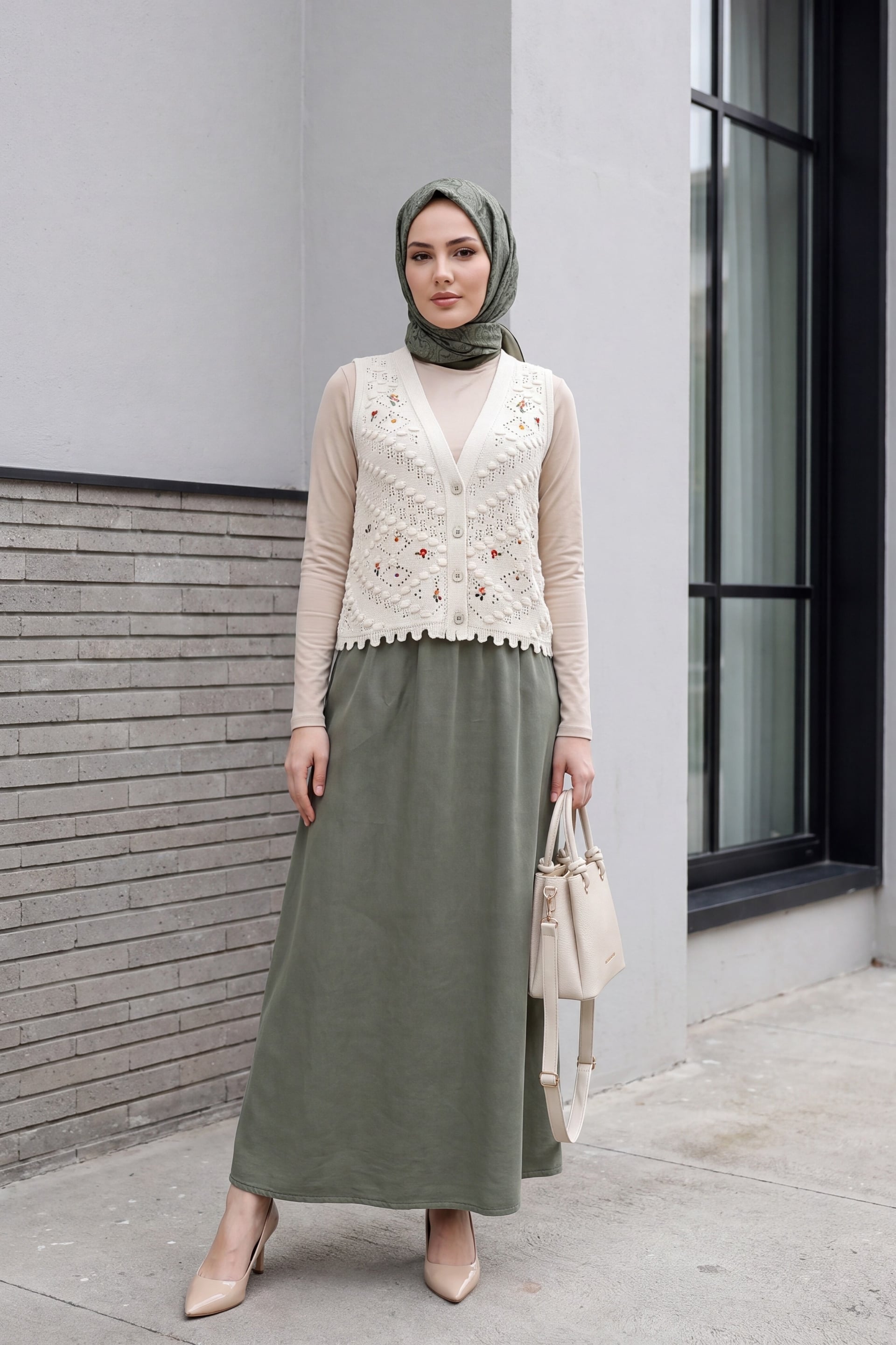 Cream Floral Embroidered Ajour Knit Vest with Pompoms - Podyumplus - by Peralane - photo 3