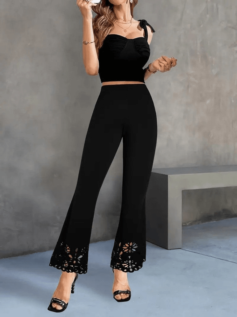 Women's High-Waist Flared Laser-Cut Floral Crepe Trousers - Janes - by Peralane - photo 2