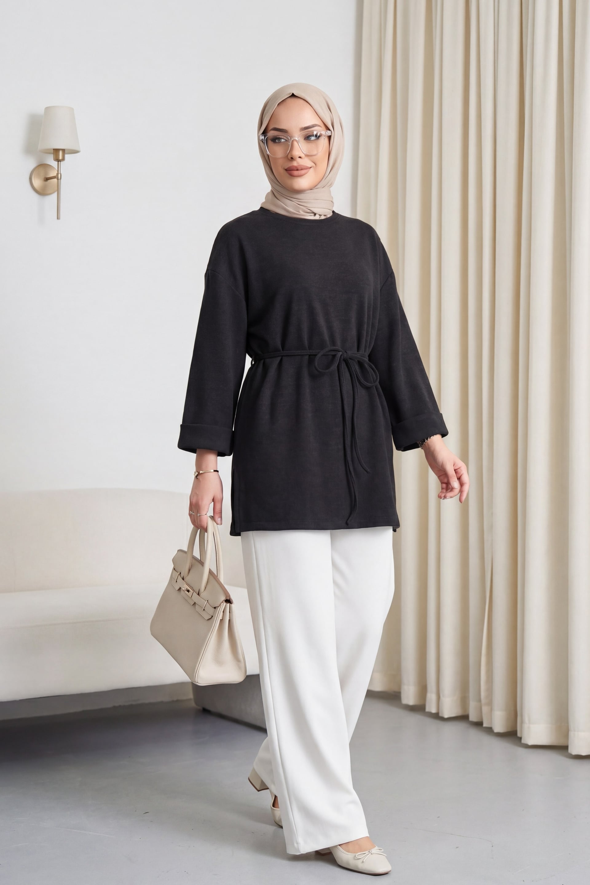 Antrasit Selanik Tunic with Folded Sleeves and Waist Tie - Podyumplus - by Peralane - photo 2