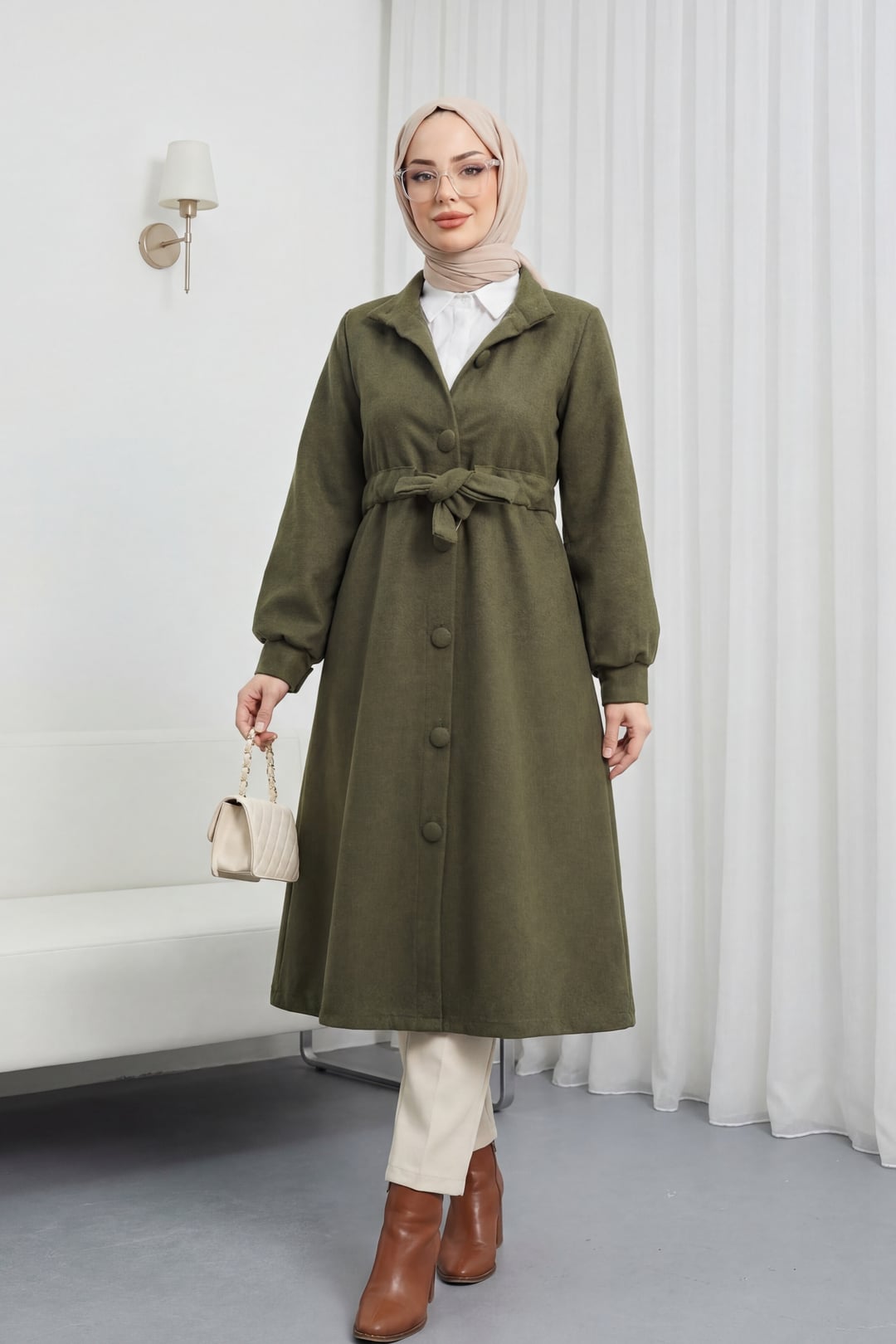 Tie-Waist Mock Two-Button Cashmere Coat in Olive - Podyumplus - by Peralane