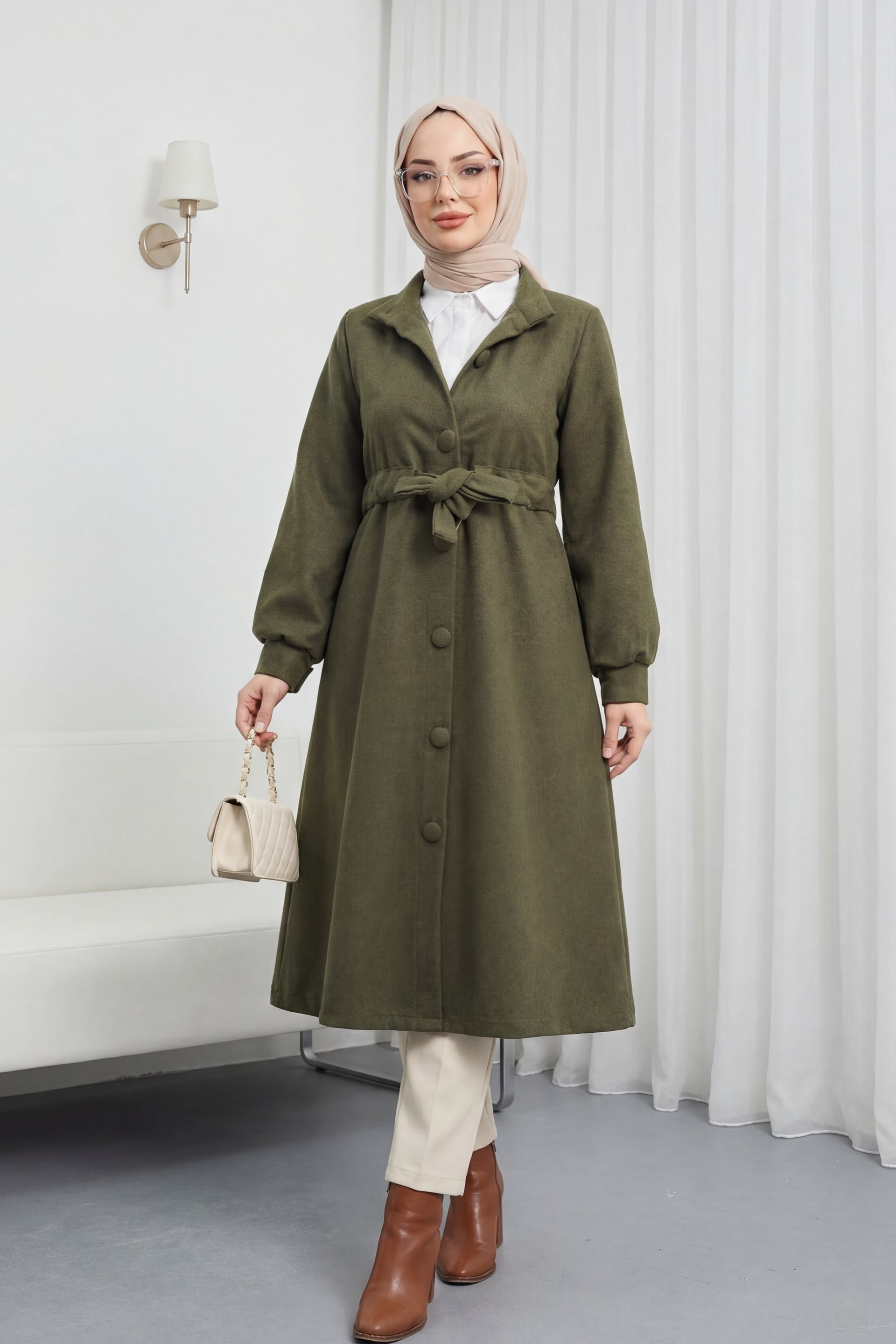 Tie-Waist Mock Two-Button Cashmere Coat in Olive - Podyumplus - by Peralane