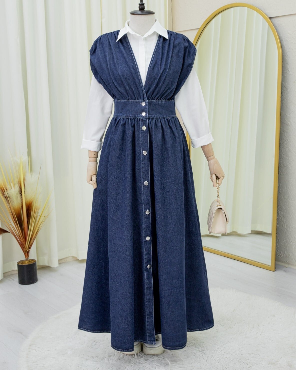 V-Neck Sleeveless Denim Maxi Dress with Button Front - Navy - Podyumplus - by Peralane - photo 3