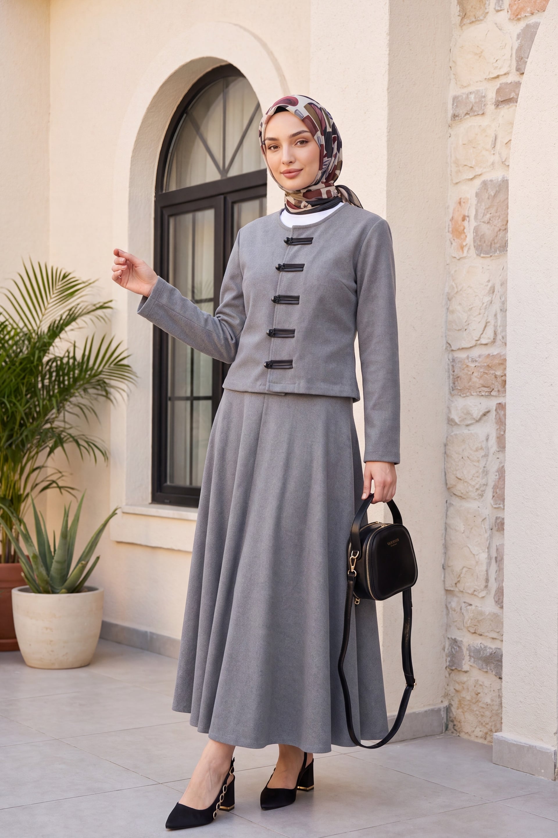 Grey Leather Detail Button-Front Selanik Co-ord Set with Skirt - Podyumplus - by Peralane