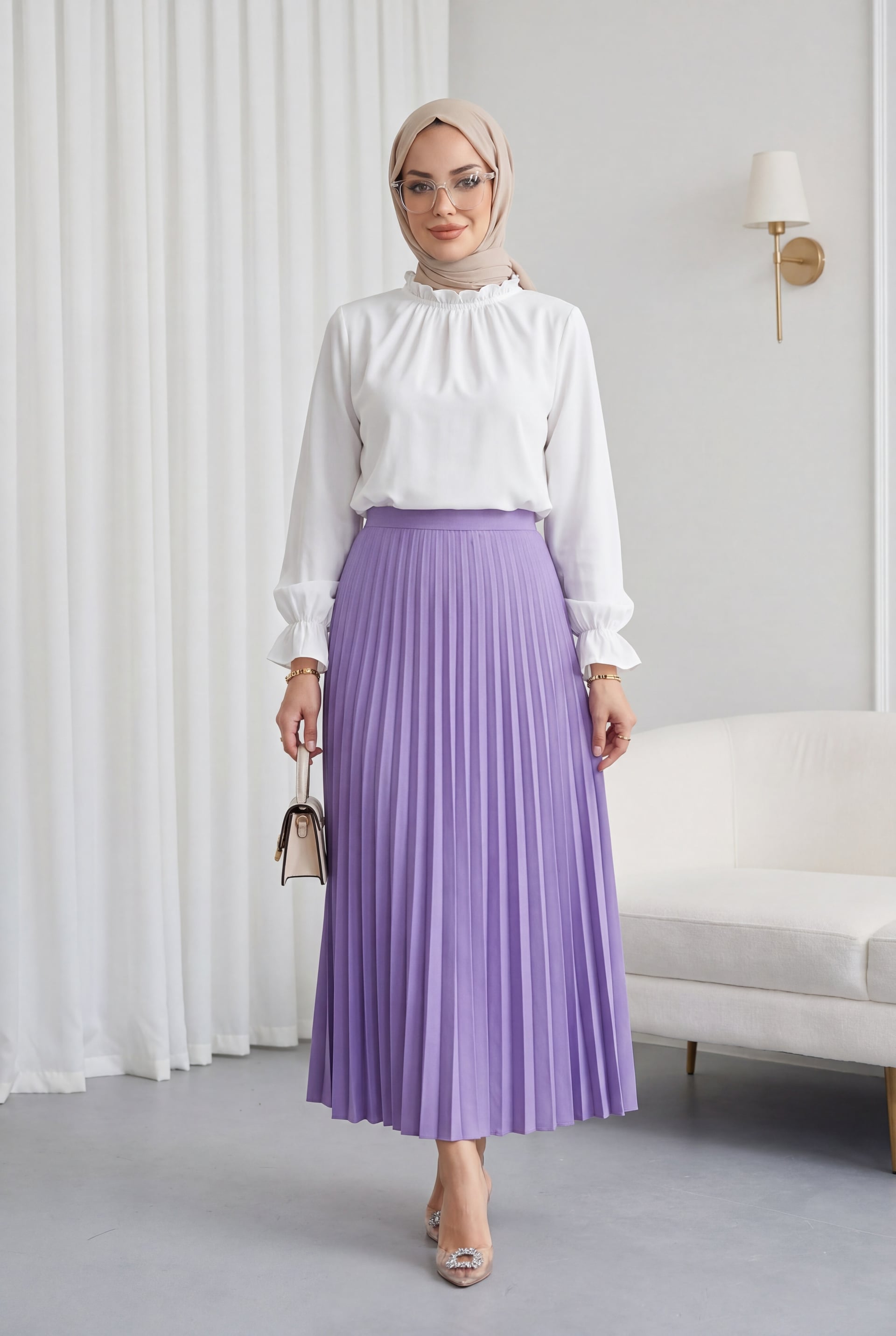 White Ruffled Poplin Blouse and Pleated Skirt Set - Podyumplus - by Peralane - photo 2