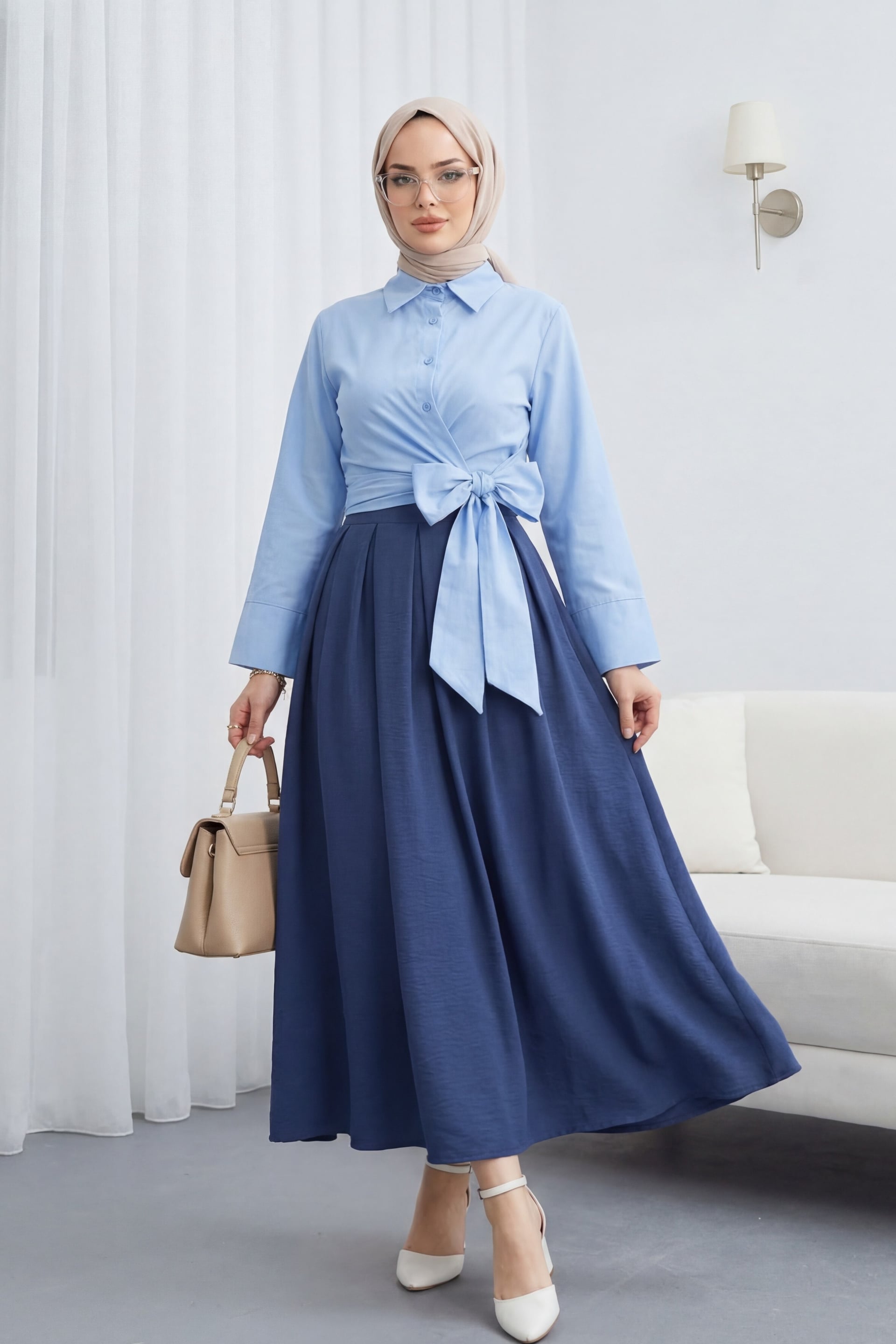 Side-Tie Spanish Sleeve Buttoned Shirt in Light Blue - Podyumplus - by Peralane - photo 6