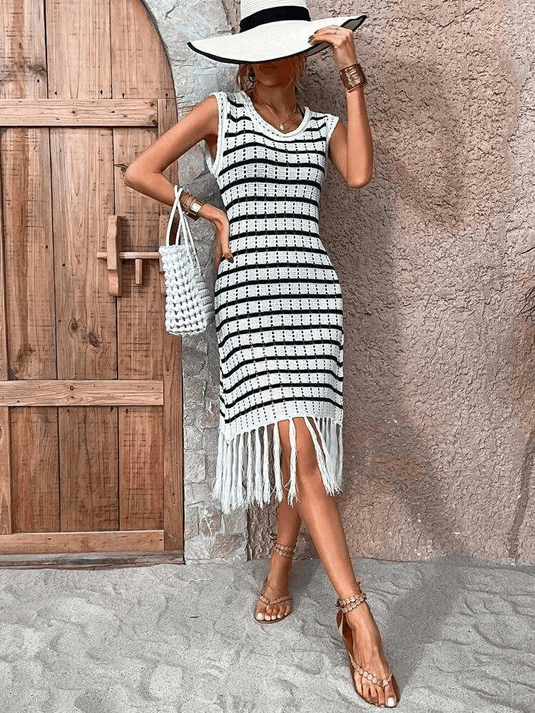 Women's Sleeveless Fringed Stripe Knit Midi Dress - Janes - by Peralane