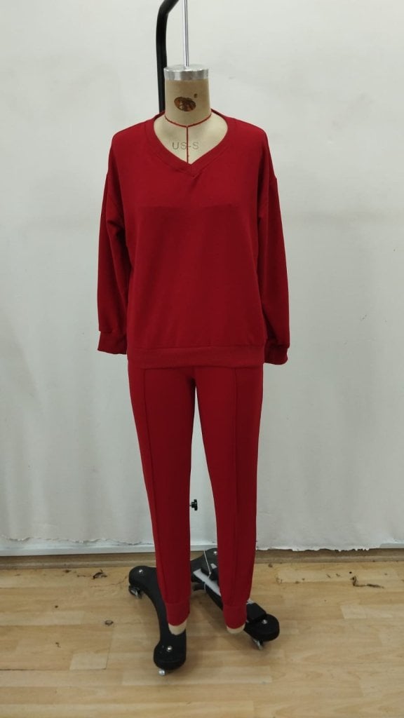 Women's Long Sleeve V-Neck Viscose Two-Thread Blouse and Trousers Two-Piece Set - Janes - by Peralane
