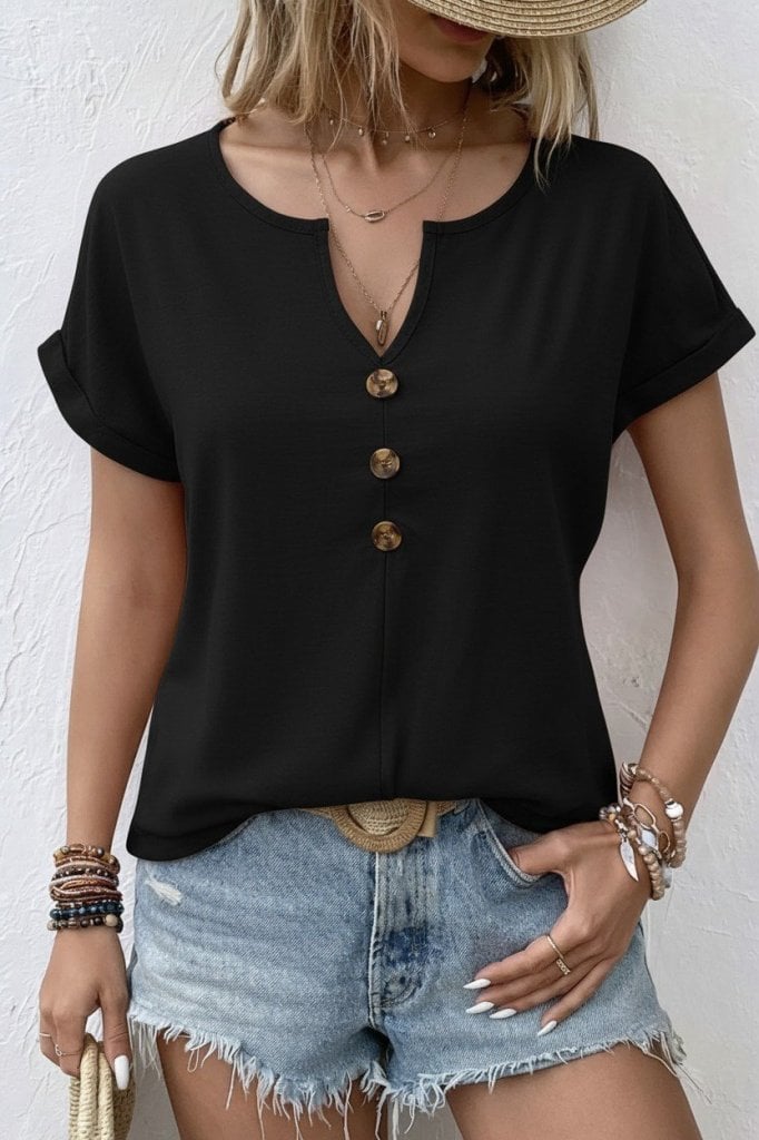 Women's Short Sleeve V-Neck Button Blouse - Janes - by Peralane - photo 4
