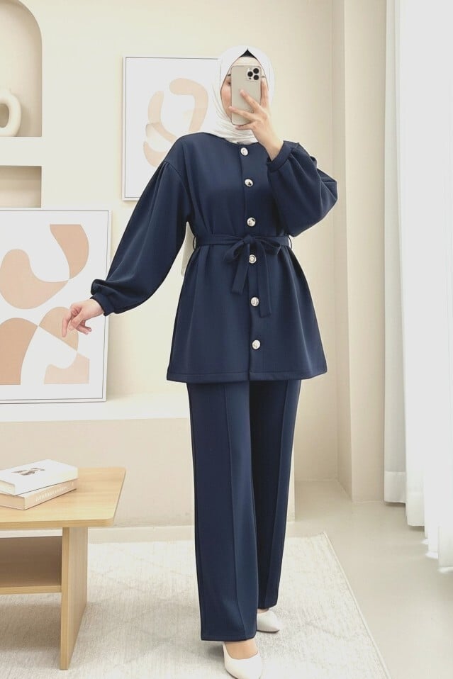 Navy Blue Scuba Co-ord Set with Puffed Sleeves and Belt - Podyumplus - by Peralane - photo 2