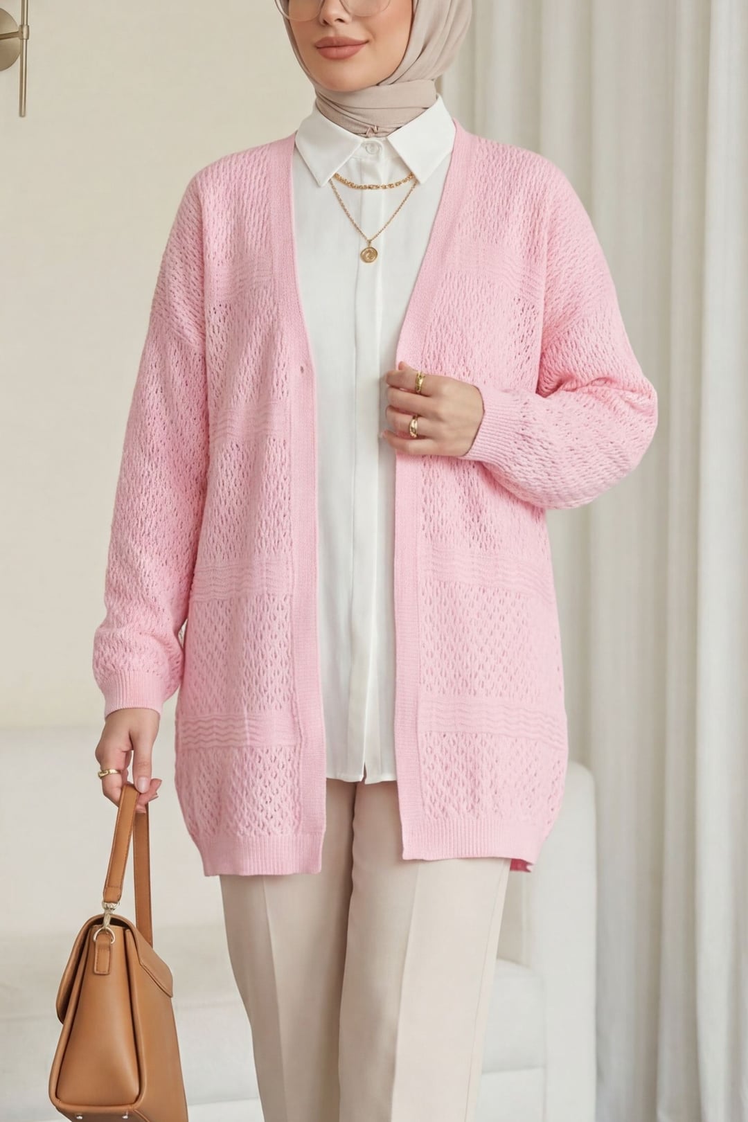 Openwork Wave Pattern Knit Cardigan - Pink - Podyumplus - by Peralane