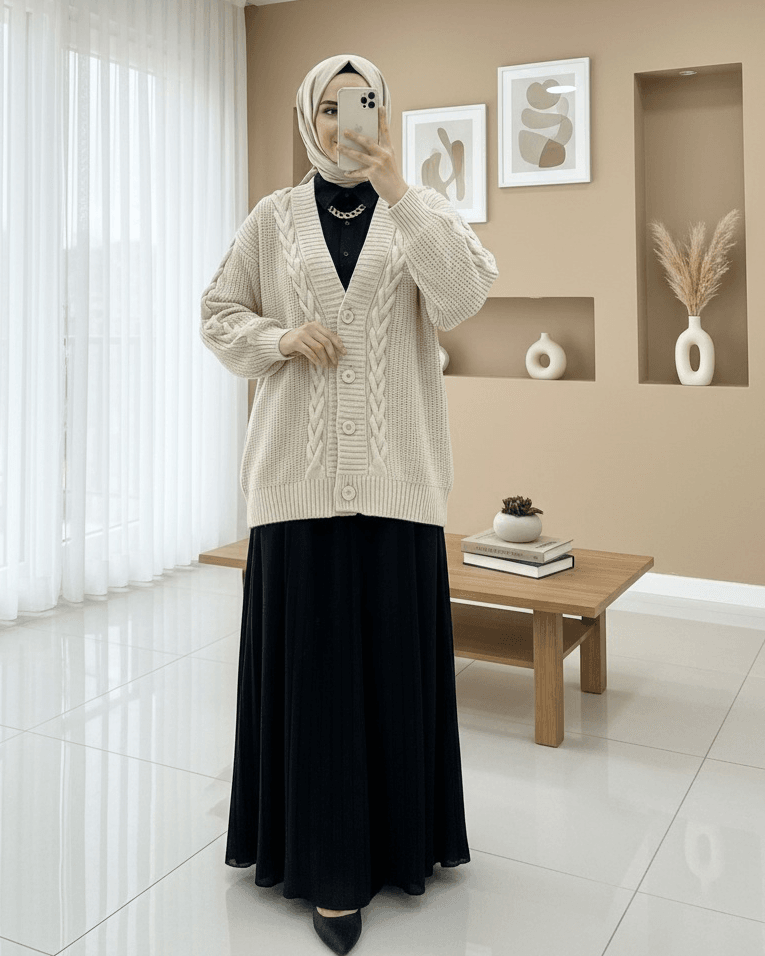 Cable Knit Button Front Cardigan - Stone - Podyumplus - by Peralane - photo 2