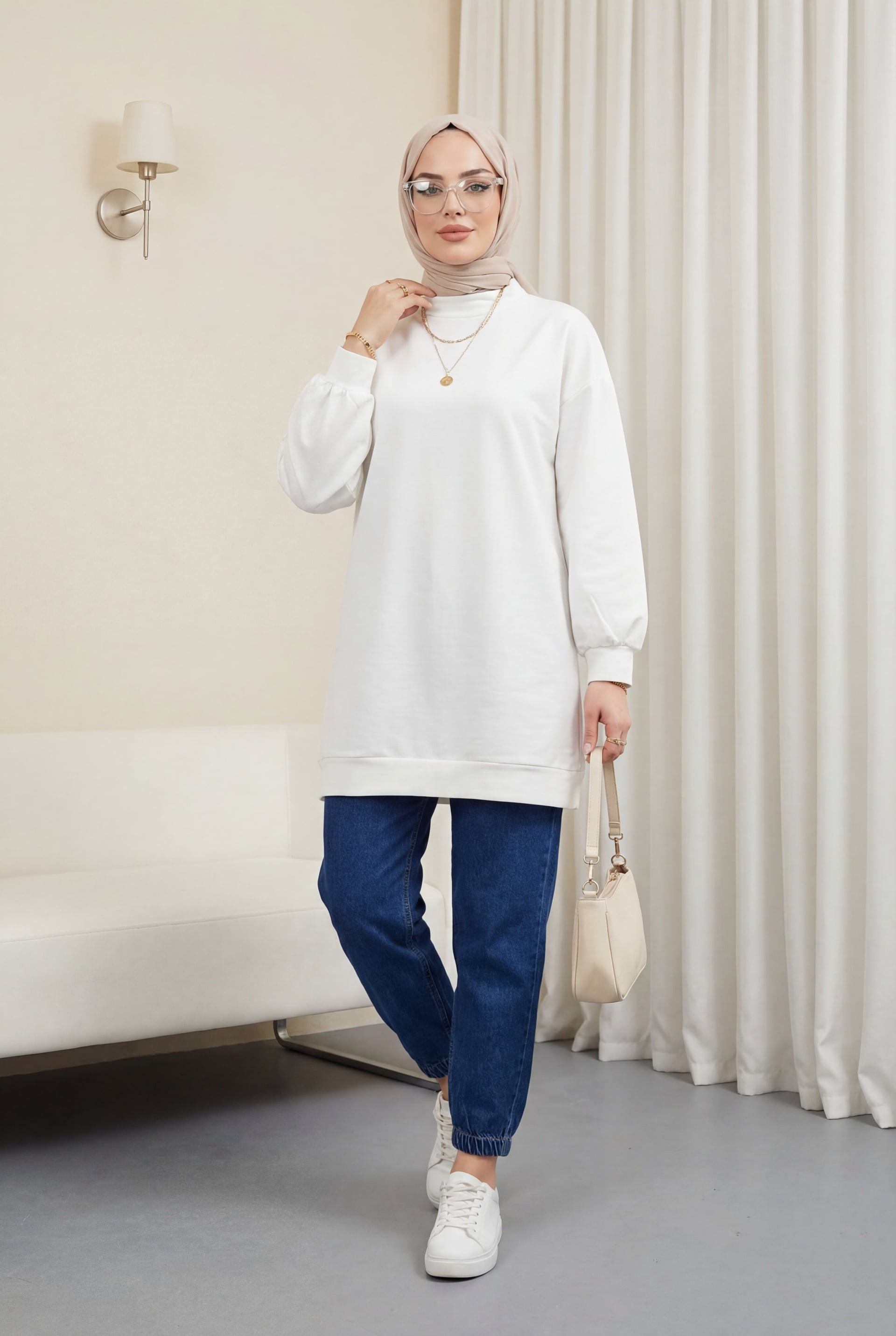 White High-Neck Balloon Sleeve Fleece-Lined Sweater Tunic - Podyumplus - by Peralane - photo 2