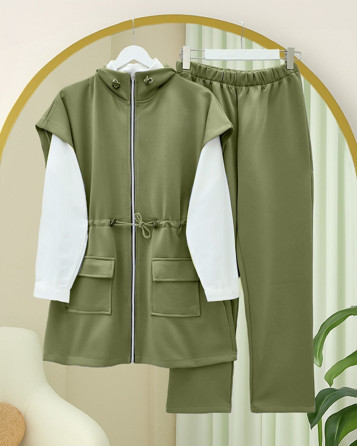 Double Pocket Zip Scuba Vest and Trouser Set - Olive Green - Podyumplus - by Peralane - photo 2