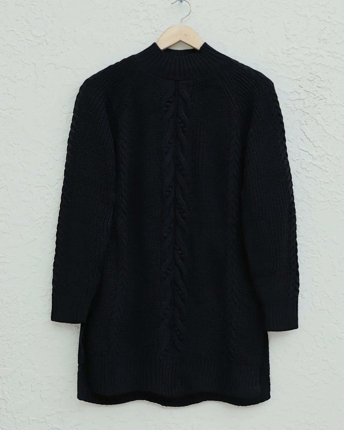 Cable Knit Tunic with Pom Pom Details - Black - Podyumplus - by Peralane