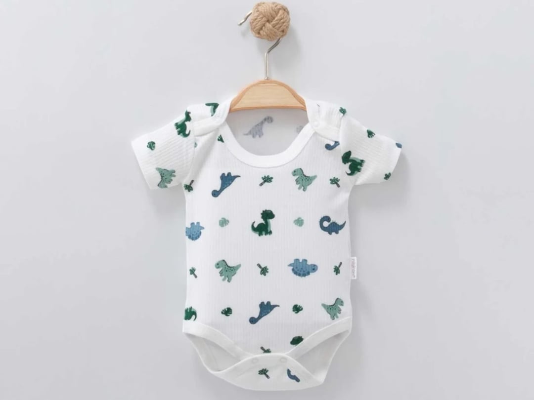 Dino Print Snap-Front Baby Bodysuit – White - Nayinom - by Peralane