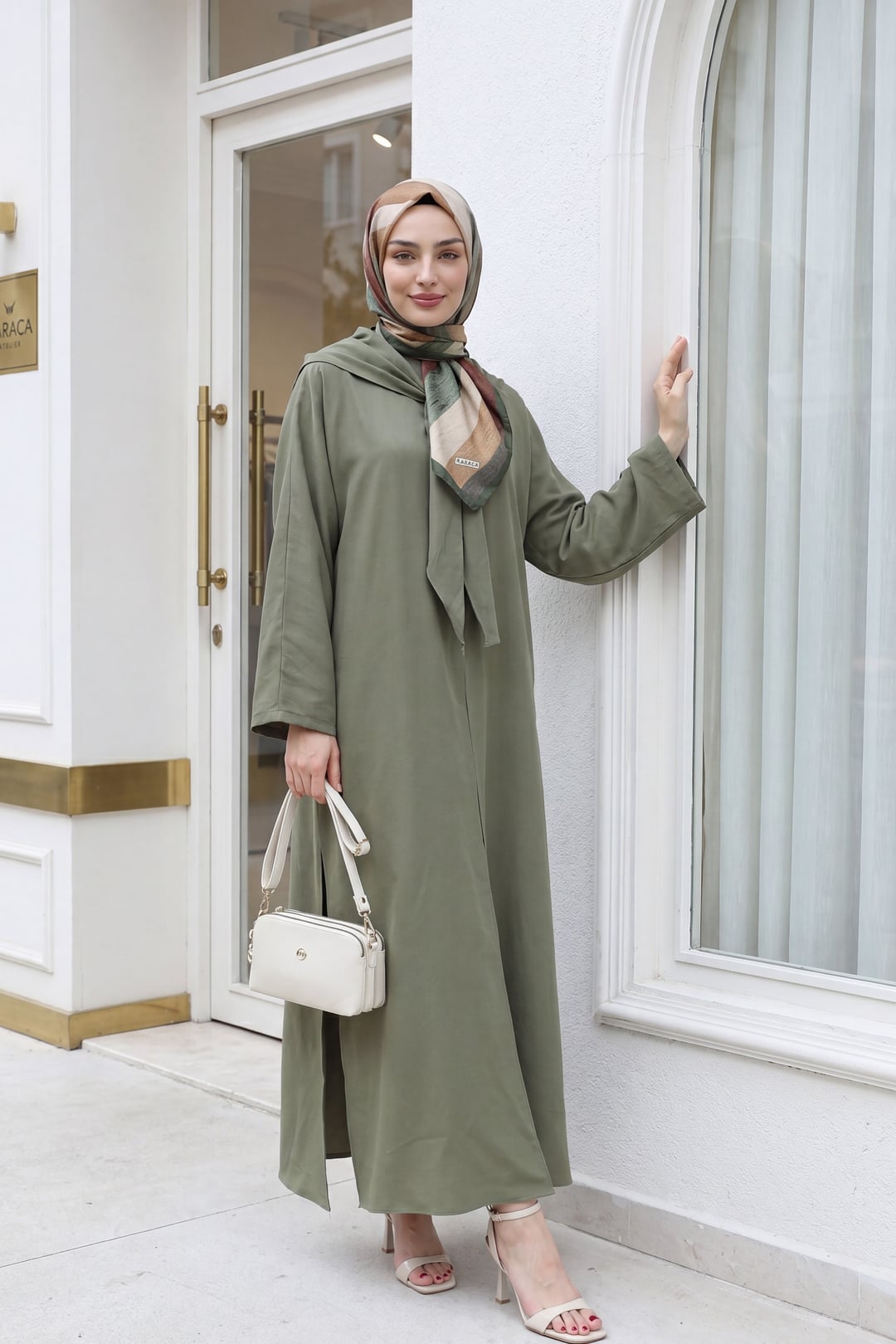 Modal Set with Scarf Detail, Deep Slit Pants and Pockets - Khaki - Podyumplus - by Peralane - photo 4