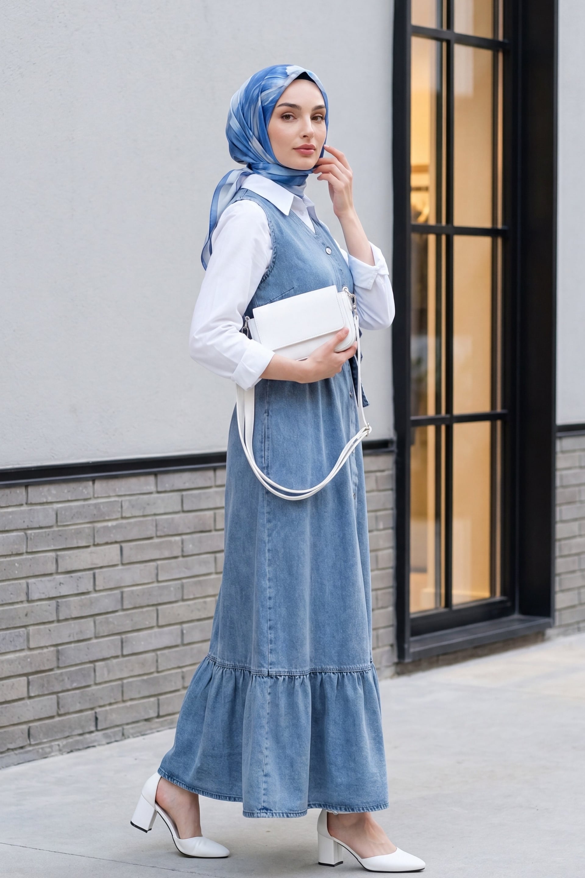 Belted Button-Front Denim Jile Dress - Ice Blue - Podyumplus - by Peralane - photo 3