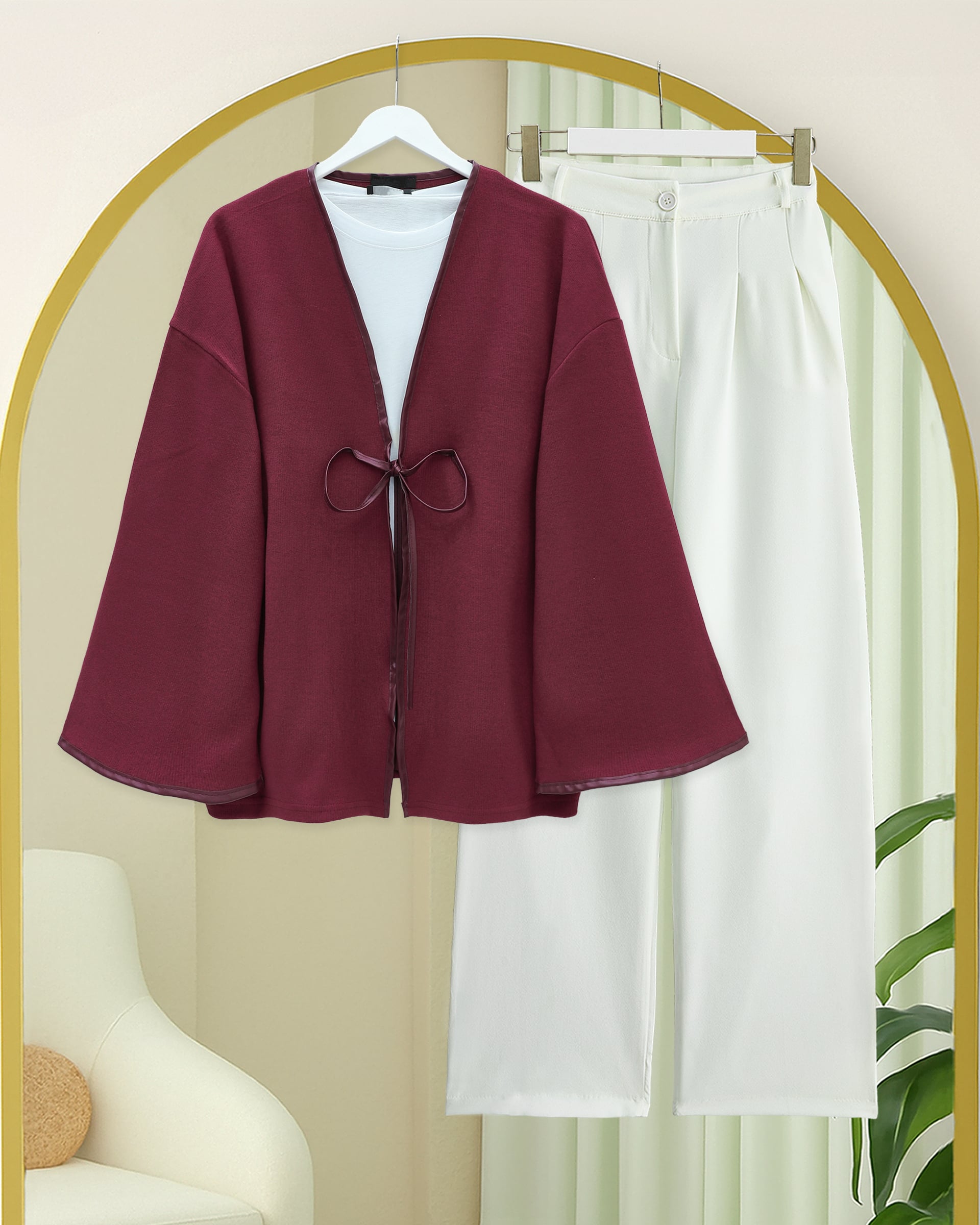 Burgundy Wrap-Front Kimono with Strap Details - Podyumplus - by Peralane - photo 4