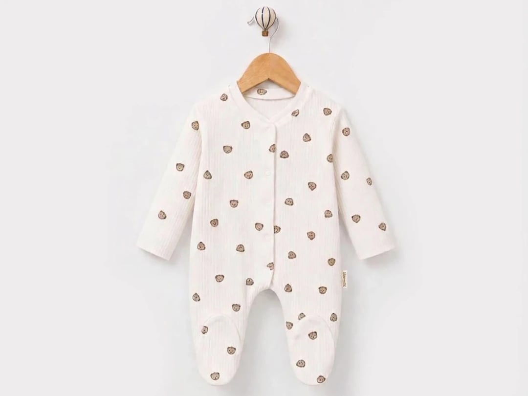 Bear Print Baby Boys Footed Romper - White - Supermini - by Peralane