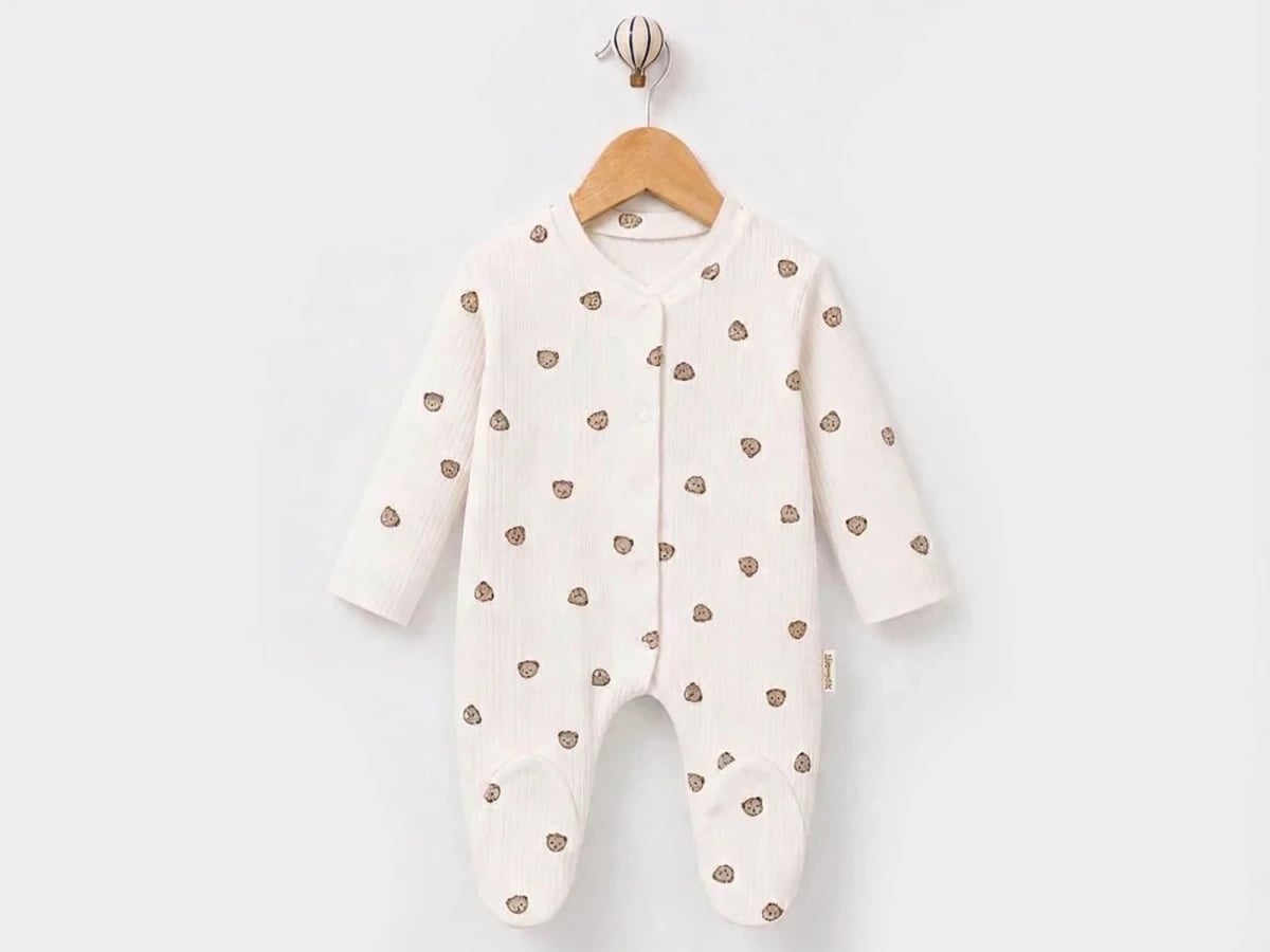 Bear Print Baby Boys Footed Romper - White - Supermini - by Peralane