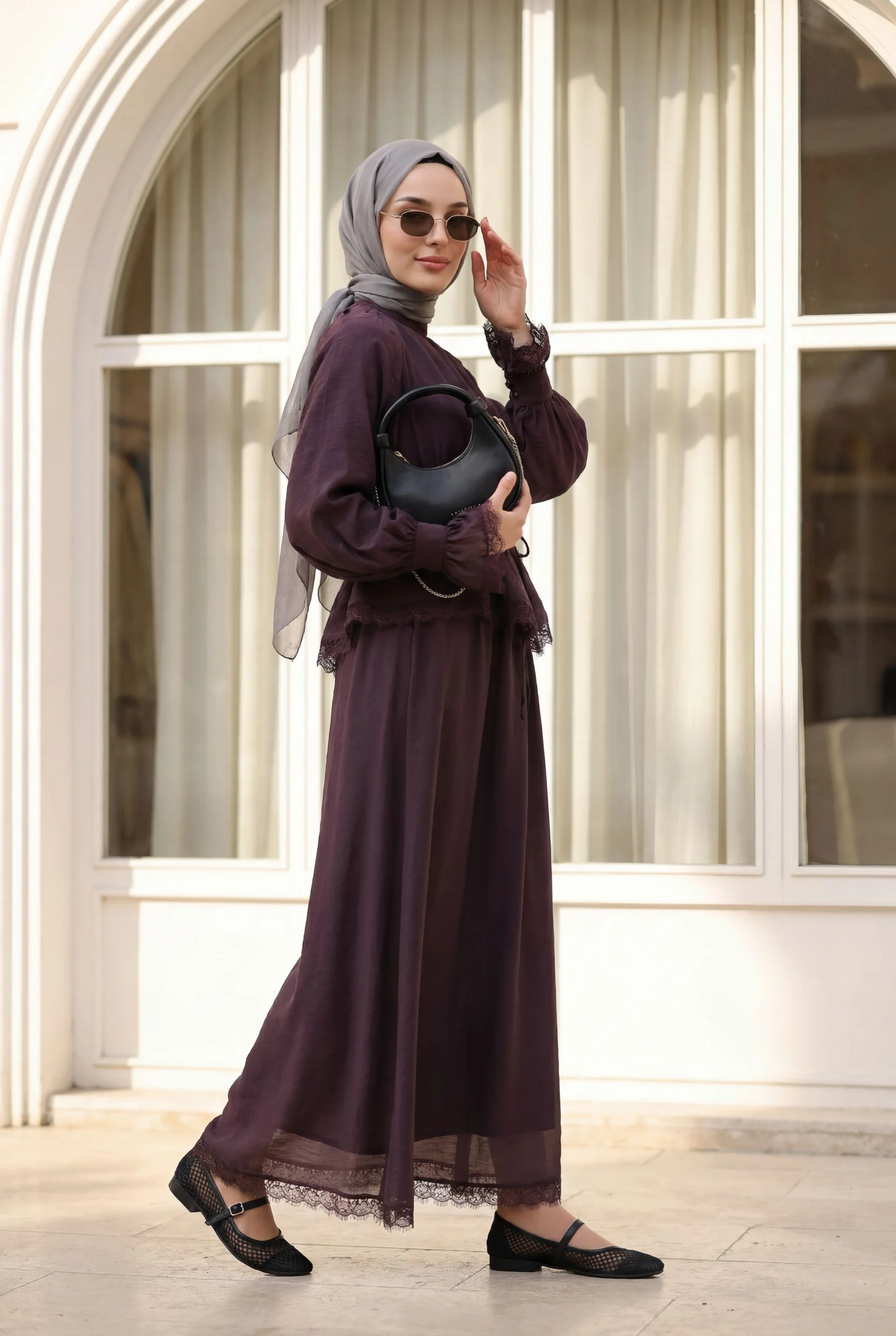 Lace Trim Belted Lined Flam Tulle Two-Piece Set - Plum - Podyumplus - by Peralane - photo 5
