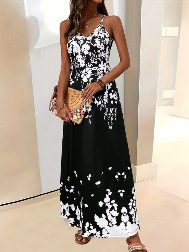 Women's Black Floral Print Maxi Dress with V-Neck and Spaghetti Straps - Janes - by Peralane - photo 5