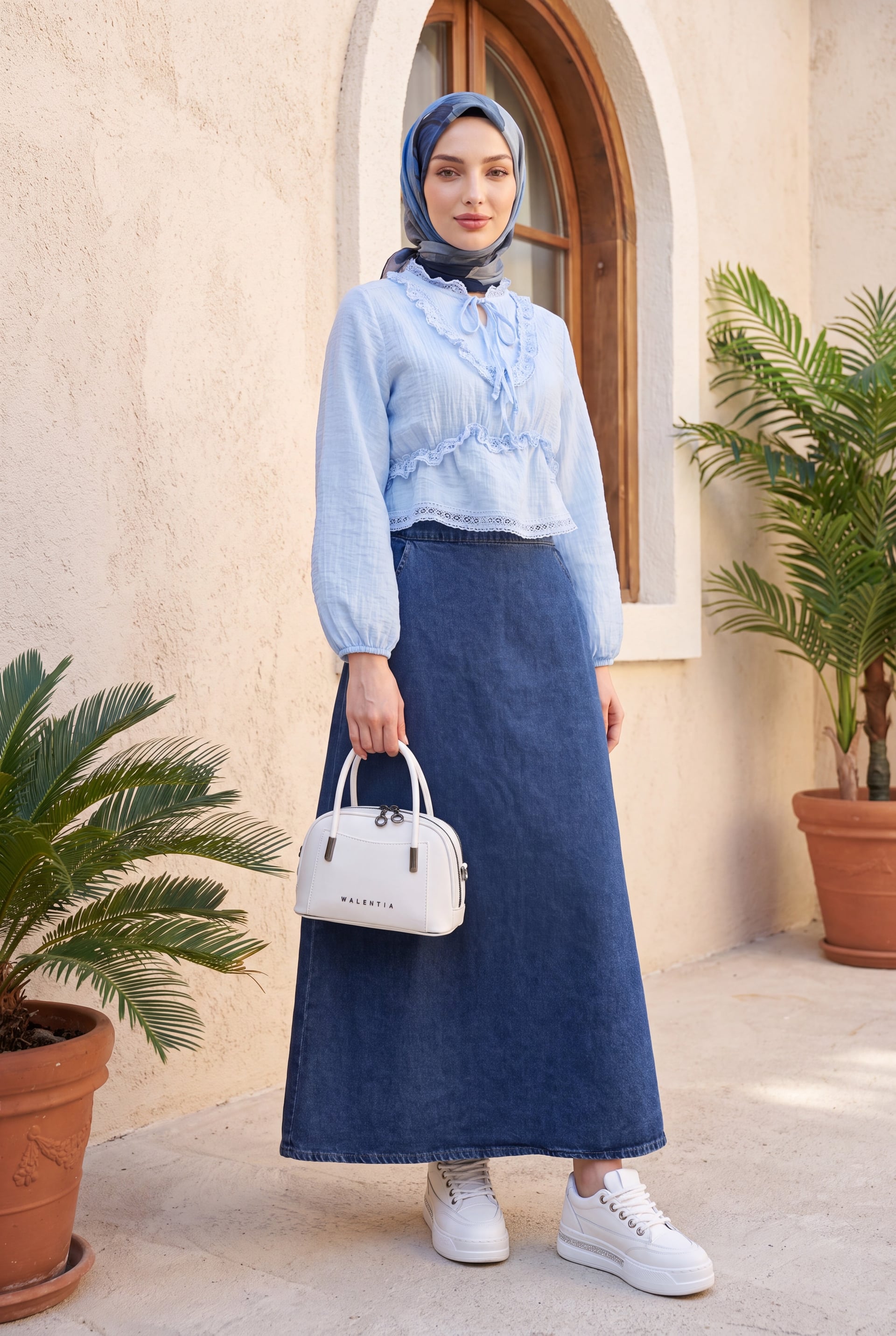 Half Elastic Waist Pockets Embroidered Denim Skirt - Dark Blue - Podyumplus - by Peralane - photo 4