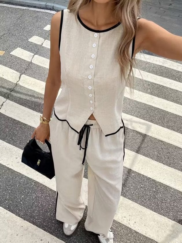 Women's Sleeveless Button-Front Vest and Wide-Leg Trousers Set in Beige - Janes - by Peralane - photo 7