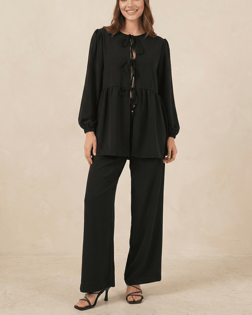Women's Front Lace-up Tunic and Wide-Leg Trousers Co-ord Set in Black - Bigdart - by Peralane - photo 5