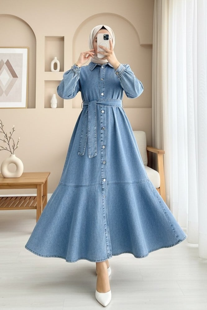 Long-Sleeved Collared Denim Dress with Full Button Front and Flounced Skirt - Light Blue - Podyumplus - by Peralane - photo 4