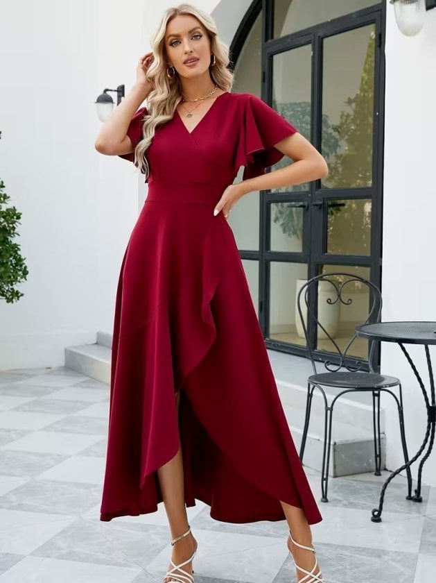Women's Short Sleeve Wrap V-Neck Asymmetric Ruffle High-Low Dress in Deep Red - Janes - by Peralane - photo 5