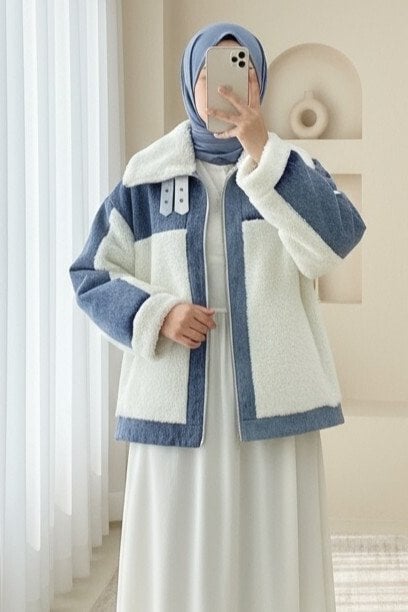 Denim-Detail Lined Pocket Plush Coat - White - Podyumplus - by Peralane