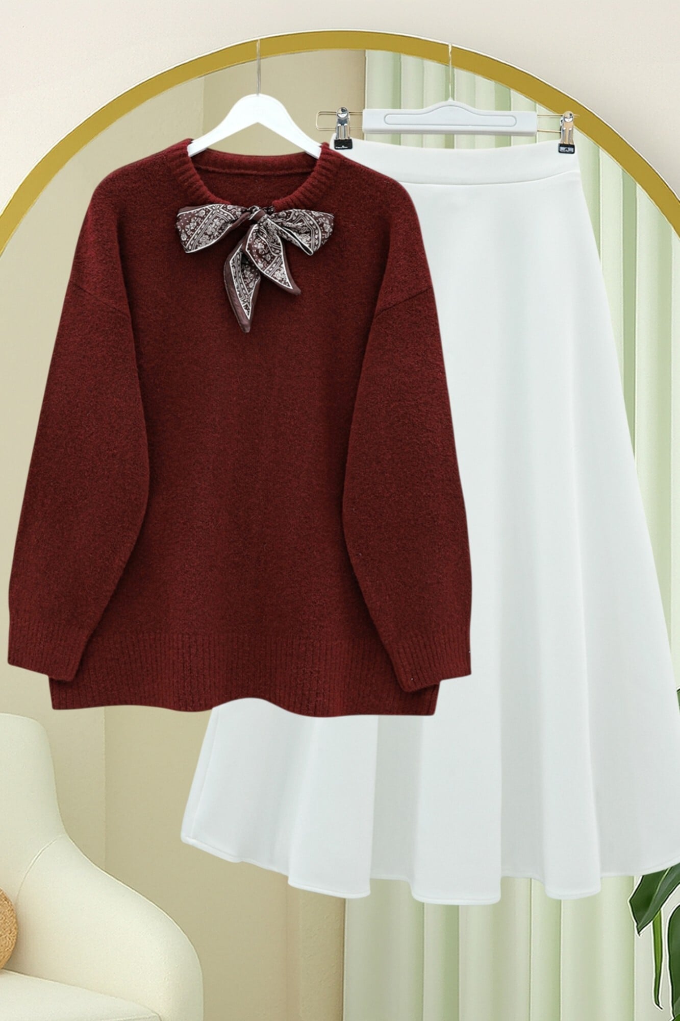 Burgundy Knit Sweater with Scarf Collar Detail - Women's - Podyumplus - by Peralane