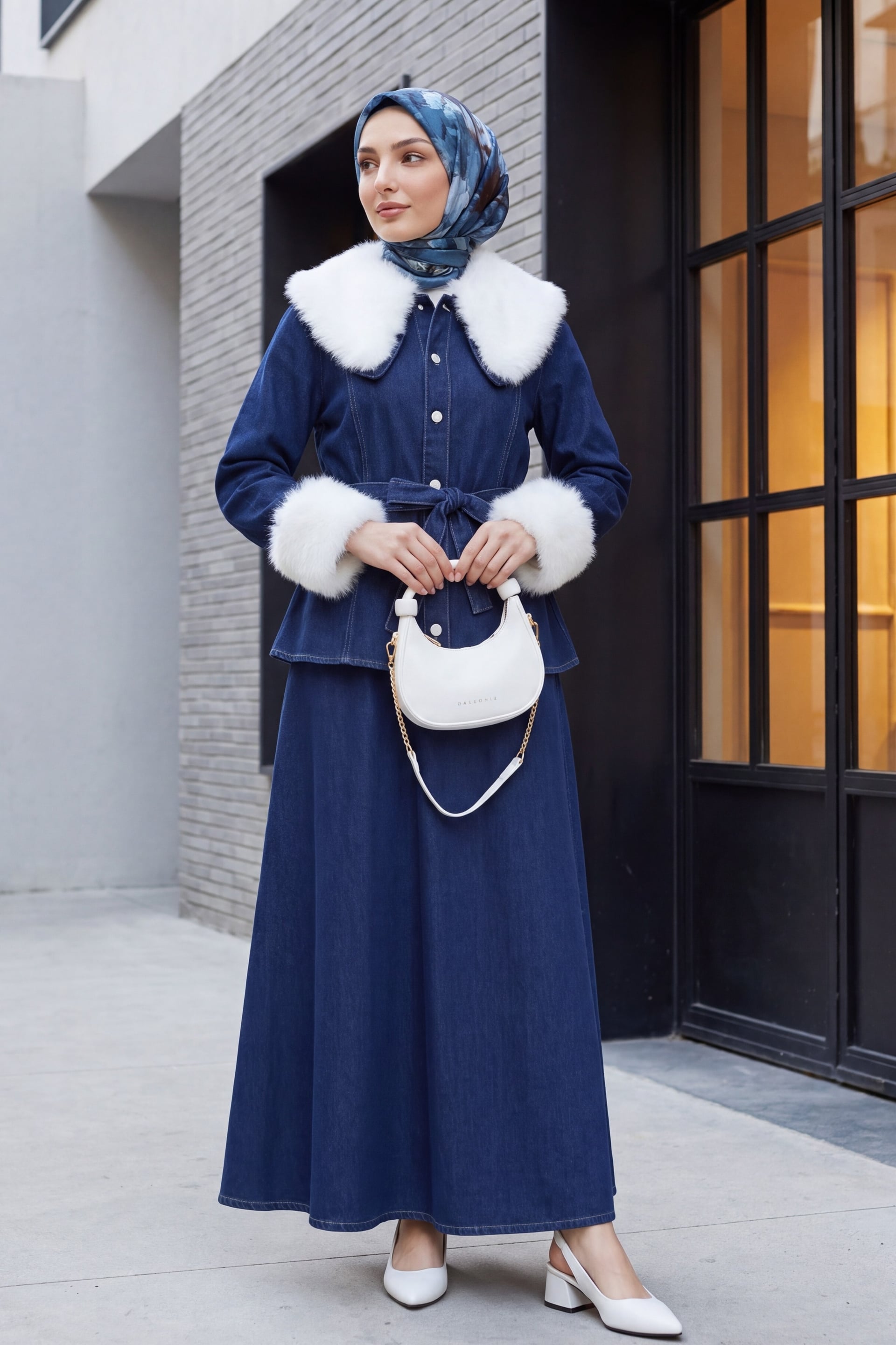 Women's Dark Blue Denim Jacket and Skirt Co-ord Set with Faux Fur Trim - Podyumplus - by Peralane - photo 2