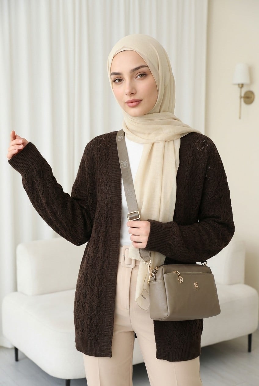 Ajour Patterned Relaxed Fit Knit Cardigan - Dark Brown - Podyumplus - by Peralane - photo 4