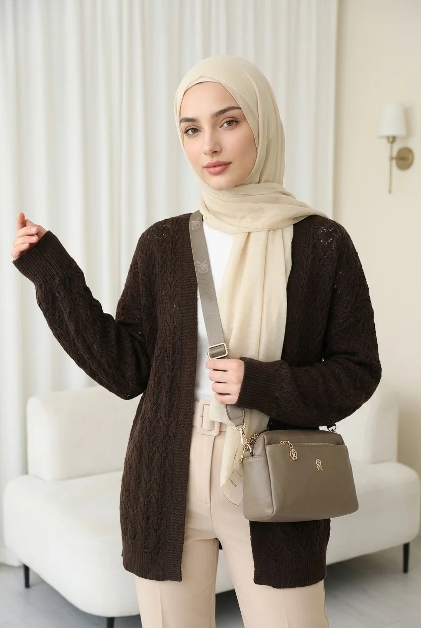 Ajour Patterned Relaxed Fit Knit Cardigan - Dark Brown - Podyumplus - by Peralane - photo 4