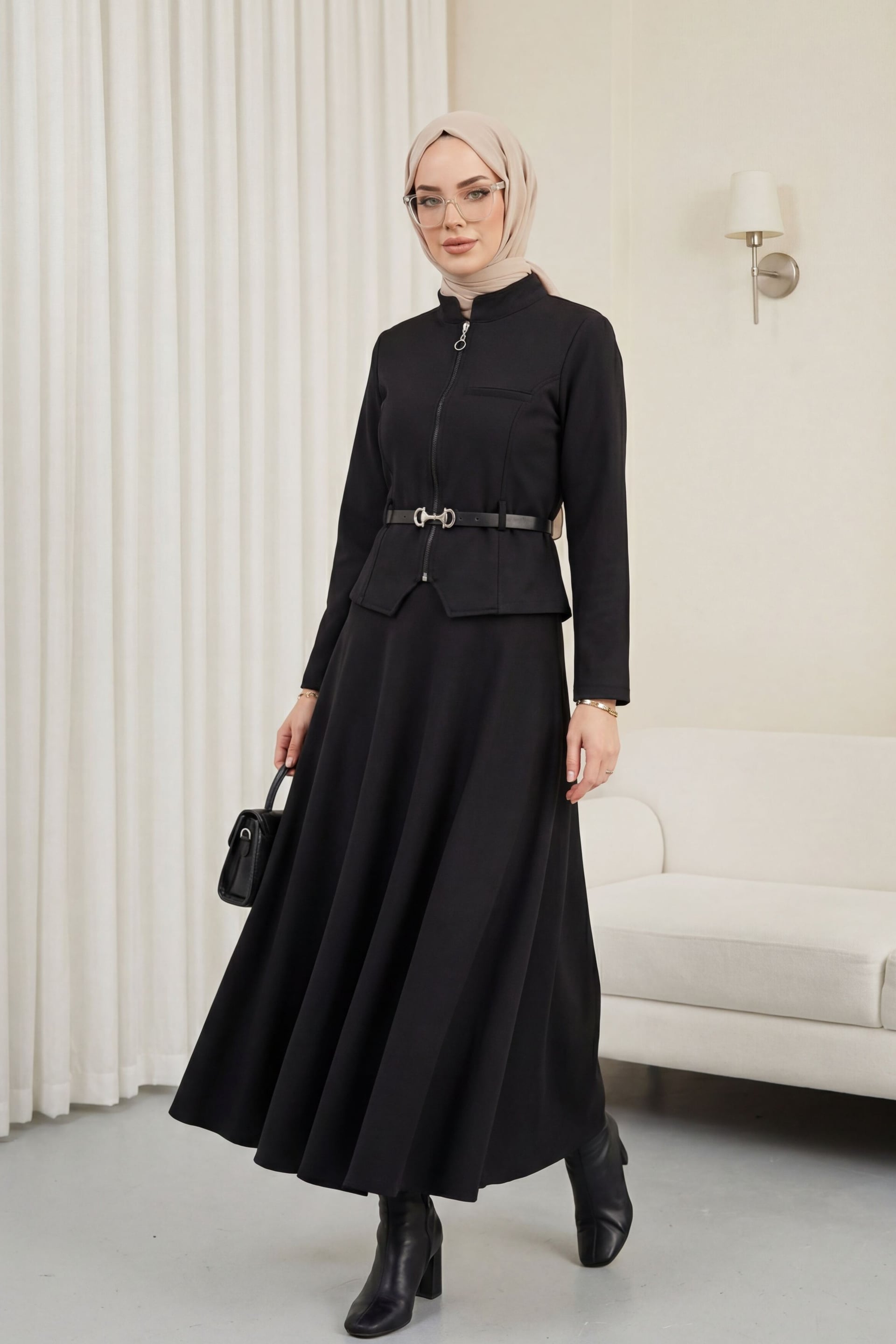 Front Zip Pocket Detail Belted Skirt Suit - Black - Podyumplus - by Peralane - photo 5