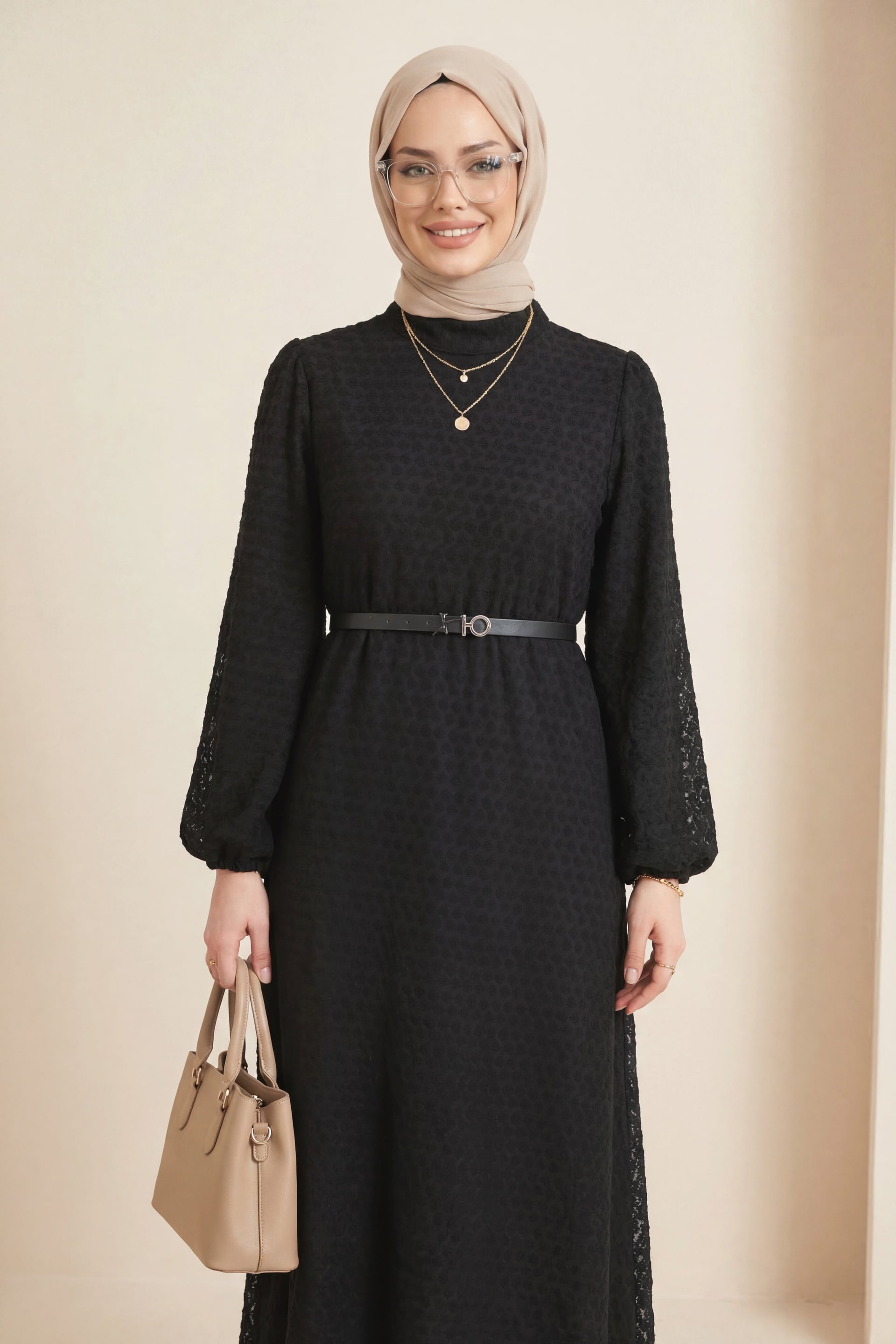 High Collar Balloon Sleeve Belted Lined Lace Dress - Black - Podyumplus - by Peralane - photo 2