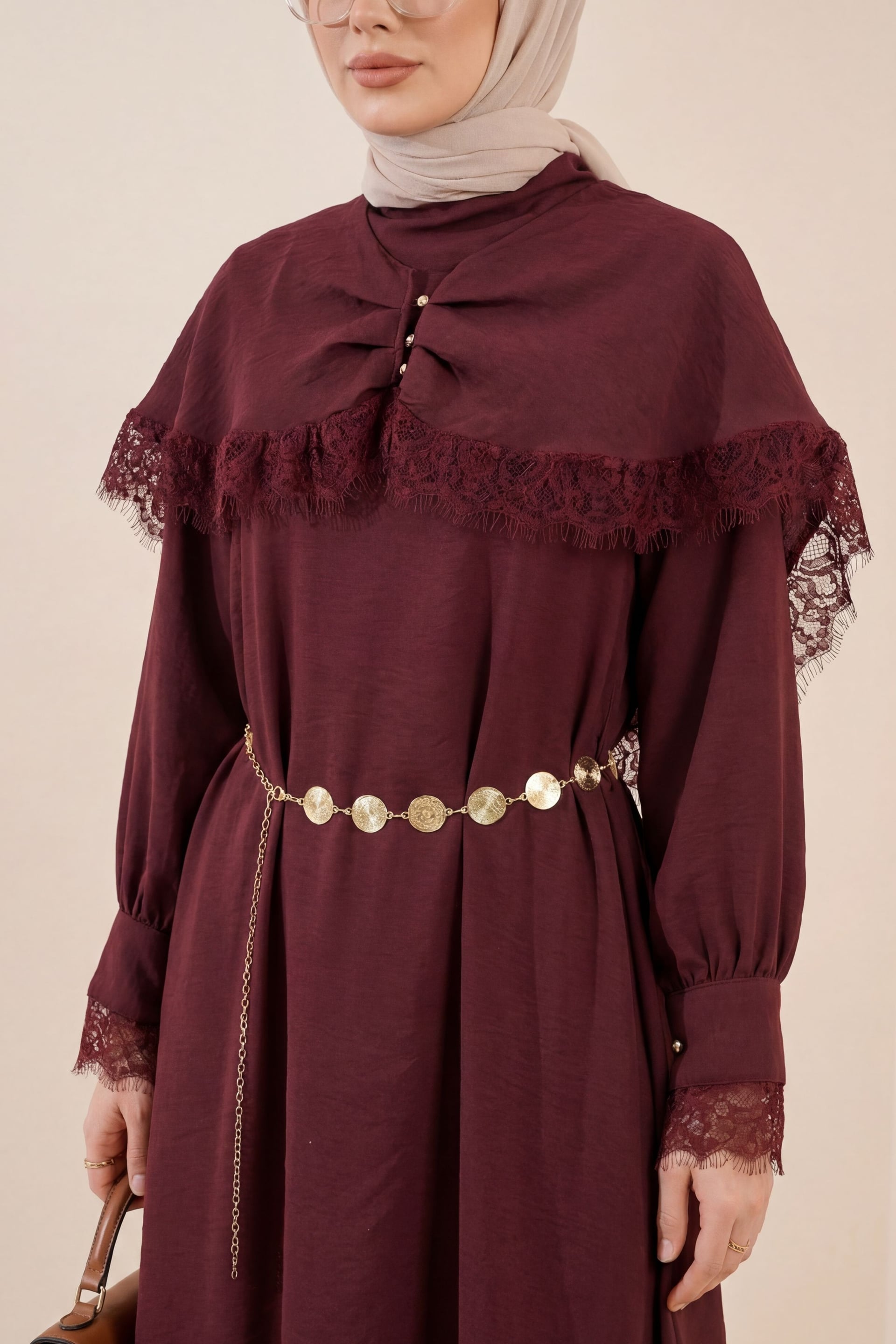 Lace Detail Cape Belted Lined Imported Ibiza Dress - Dark Burgundy - Podyumplus - by Peralane - photo 4