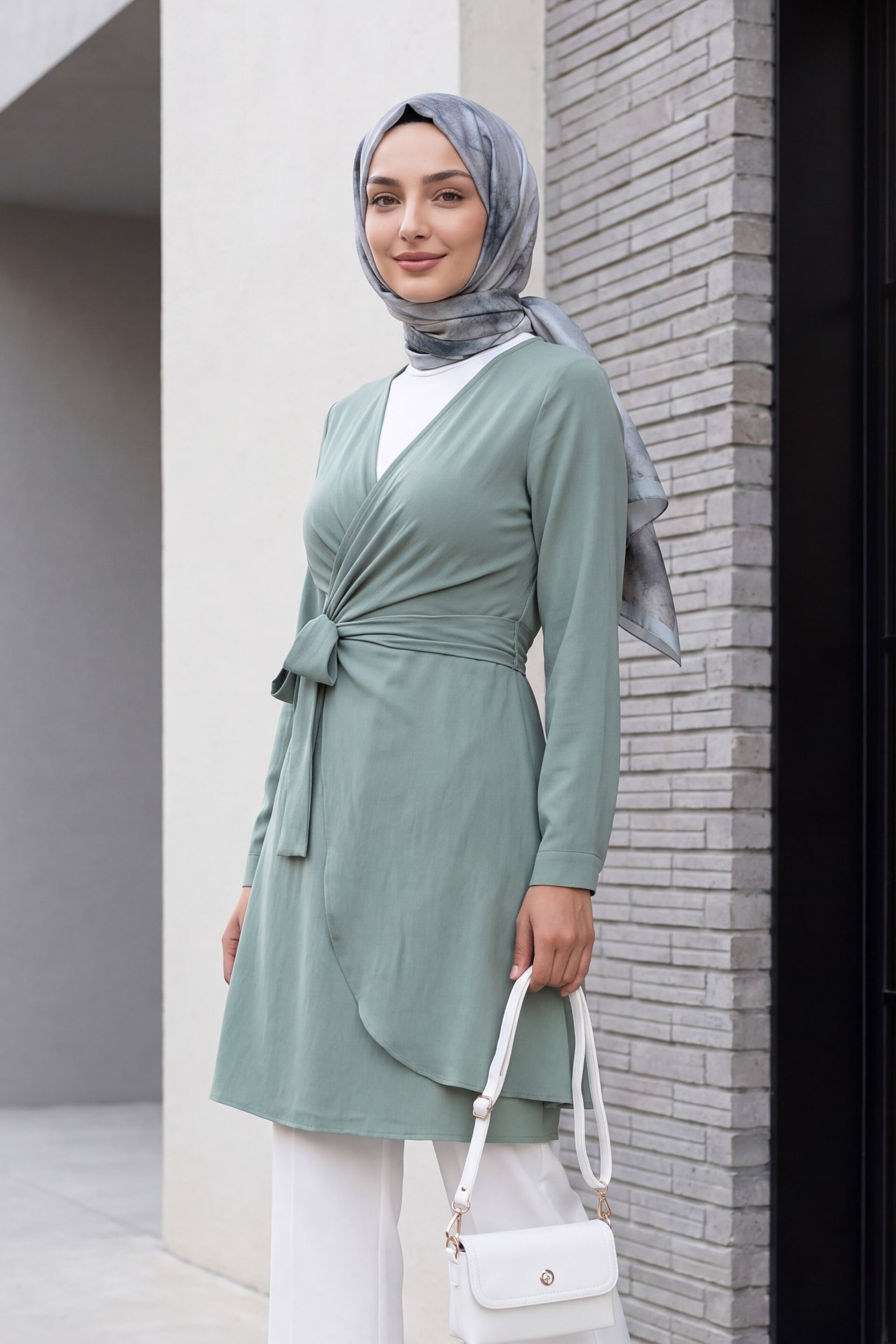 Mint Wrap V-Neck Tie-Waist Tunic Dress - Podyumplus - by Peralane