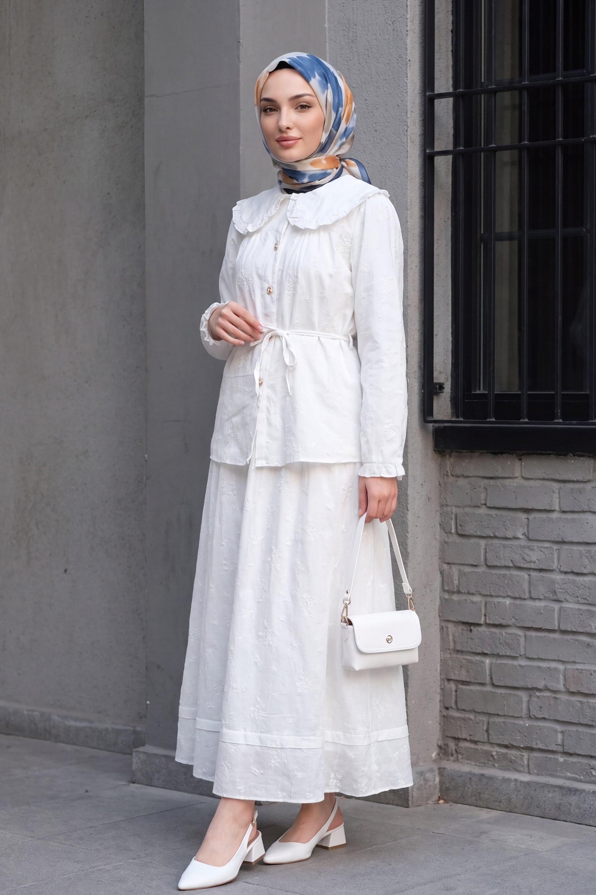 Women's White Linen Look Two-Piece Set with Peter Pan Collar and Long Skirt - Podyumplus - by Peralane