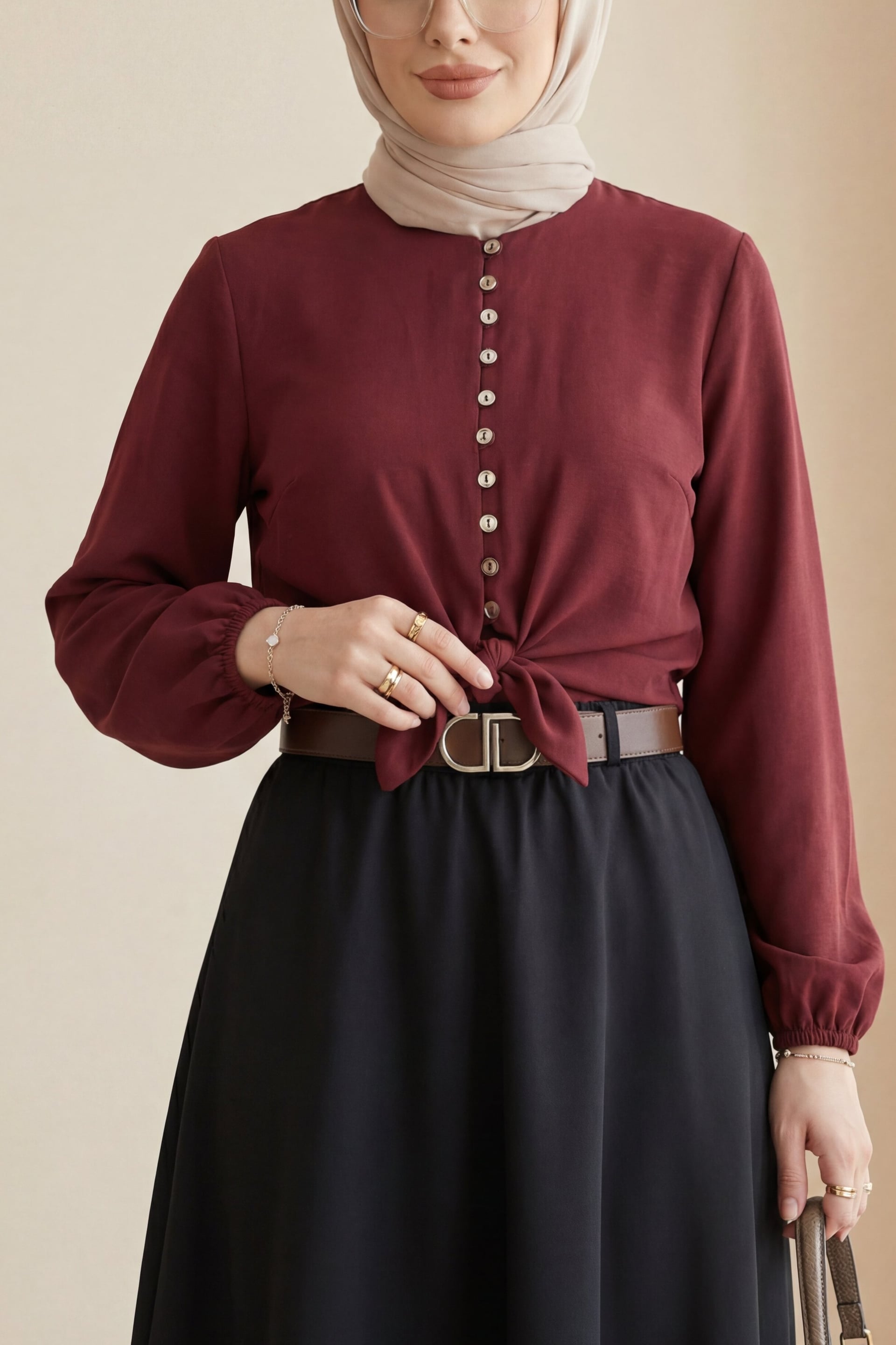 Tie-Front Button-Down Modal Blouse with Elasticated Waist and Cuffs - Bordeaux - Podyumplus - by Peralane