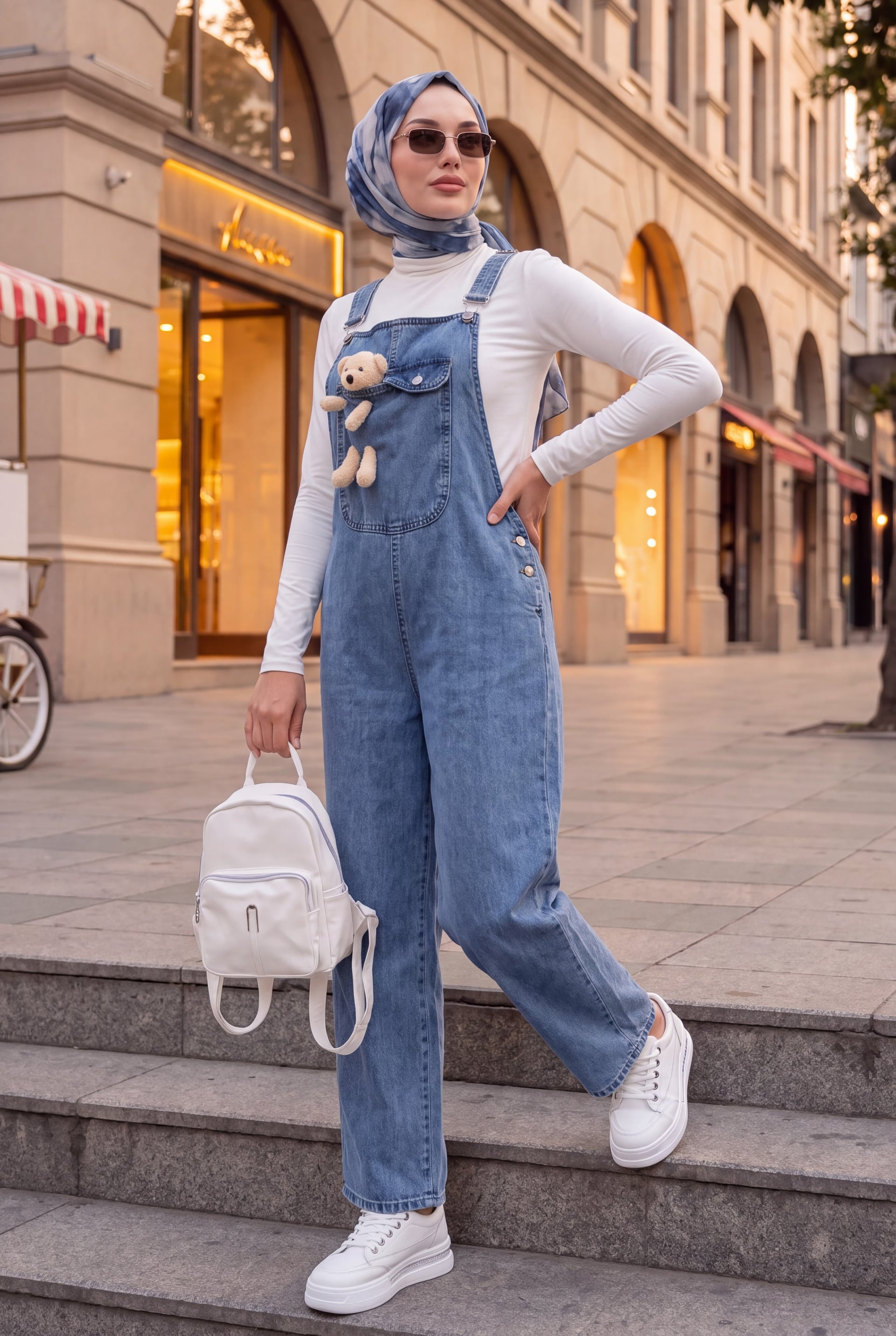 Teddy Bear Detail Adjustable Strap Denim Overalls - Ice Blue - Podyumplus - by Peralane
