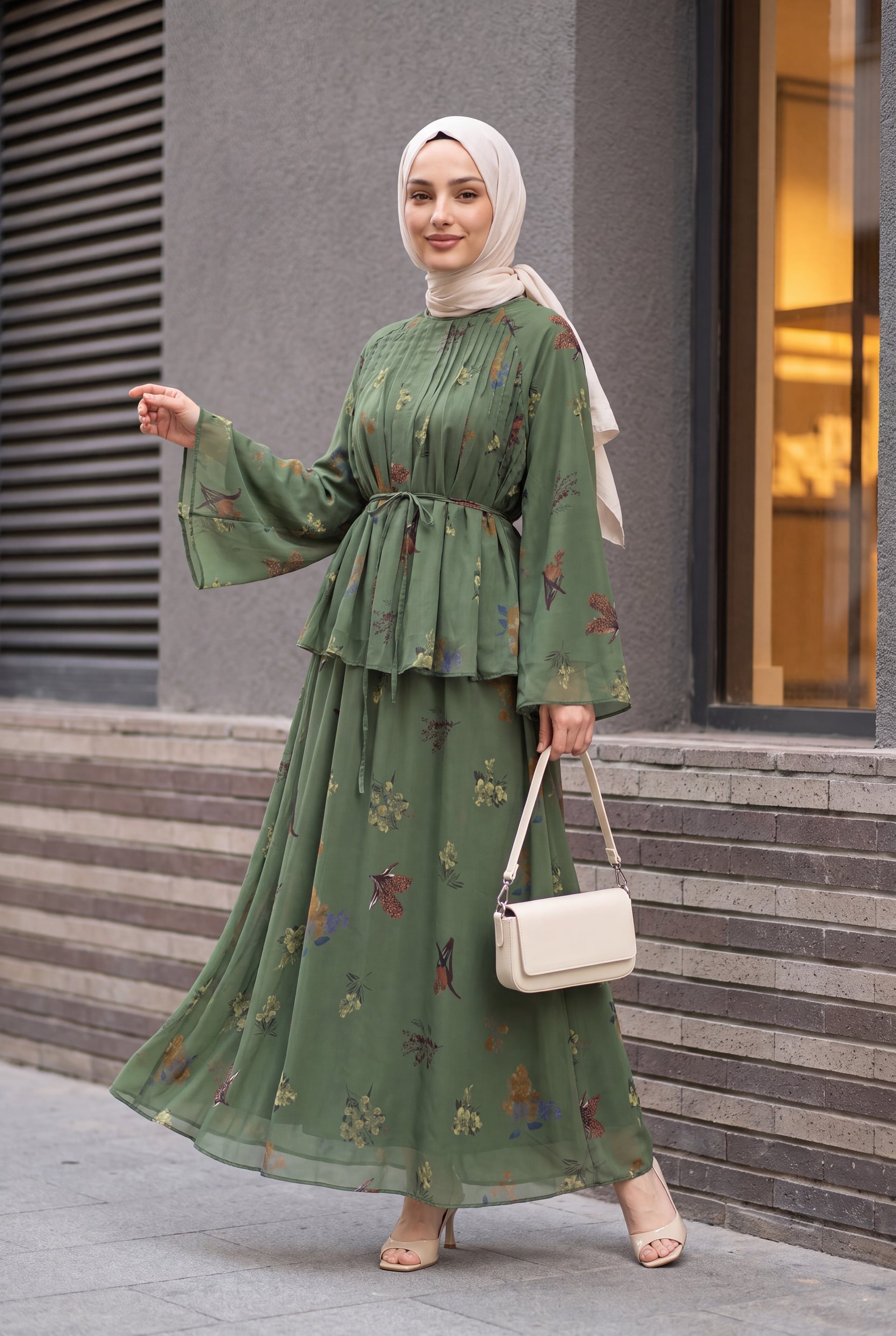 Women's Floral Print Chiffon Co-ord Set with Long Skirt - Olive Green - Podyumplus - by Peralane - photo 7