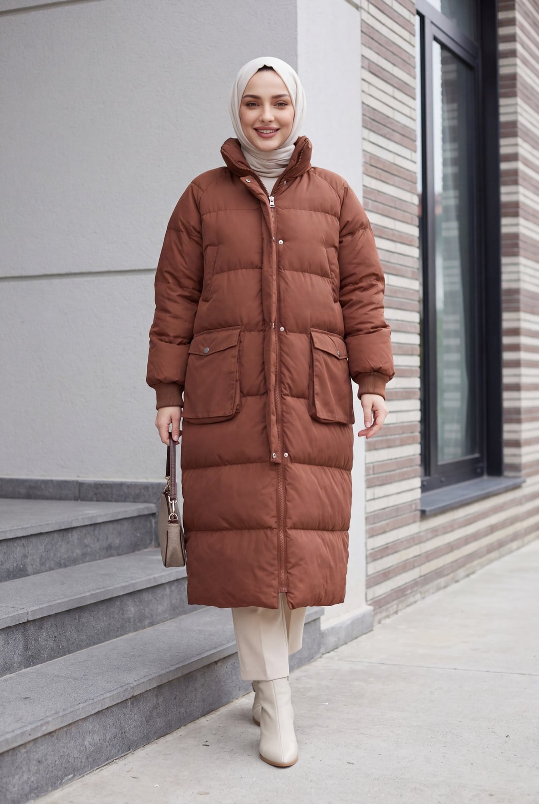 Women's Quilted Puffer Coat with Hidden Hood in Dark Brown - Podyumplus - by Peralane - photo 4